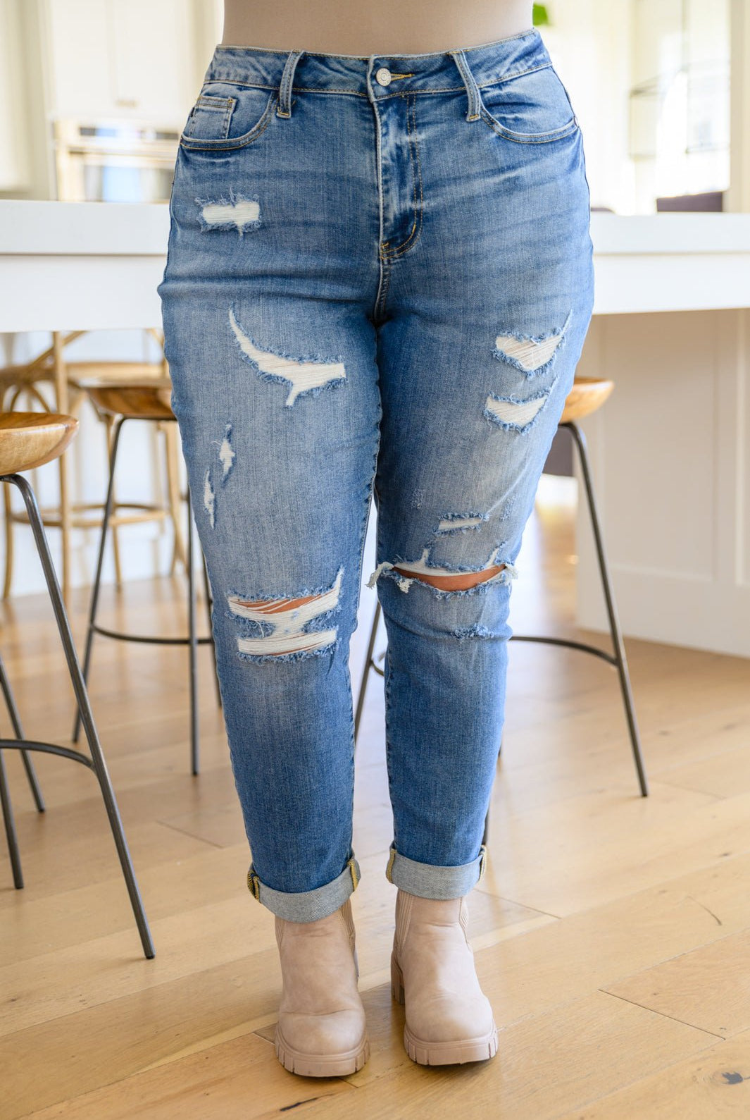 Ashley Hi - Waist Destroyed Boyfriend Jeans (Online Exclusive) - Uptown Boutique Ramona