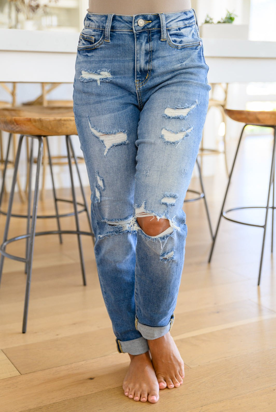 Ashley Hi - Waist Destroyed Boyfriend Jeans (Online Exclusive) - Uptown Boutique Ramona