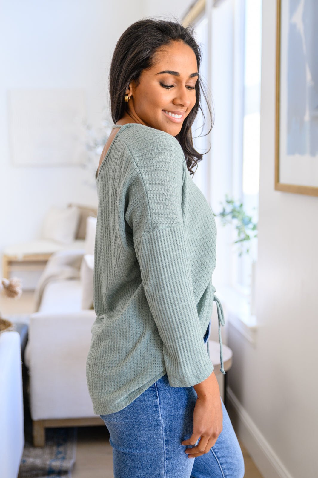 Austin Waffle Knit Basic Top In Sage (Online Exclusive) - Uptown Boutique Ramona