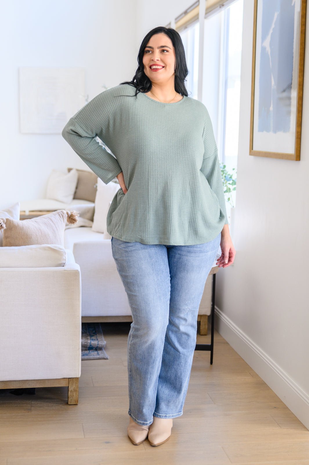 Austin Waffle Knit Basic Top In Sage (Online Exclusive) - Uptown Boutique Ramona