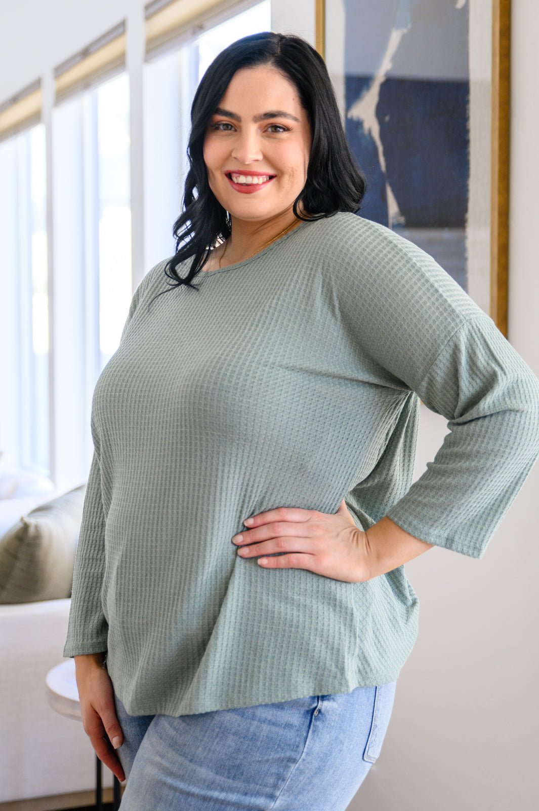Austin Waffle Knit Basic Top In Sage (Online Exclusive) - Uptown Boutique Ramona