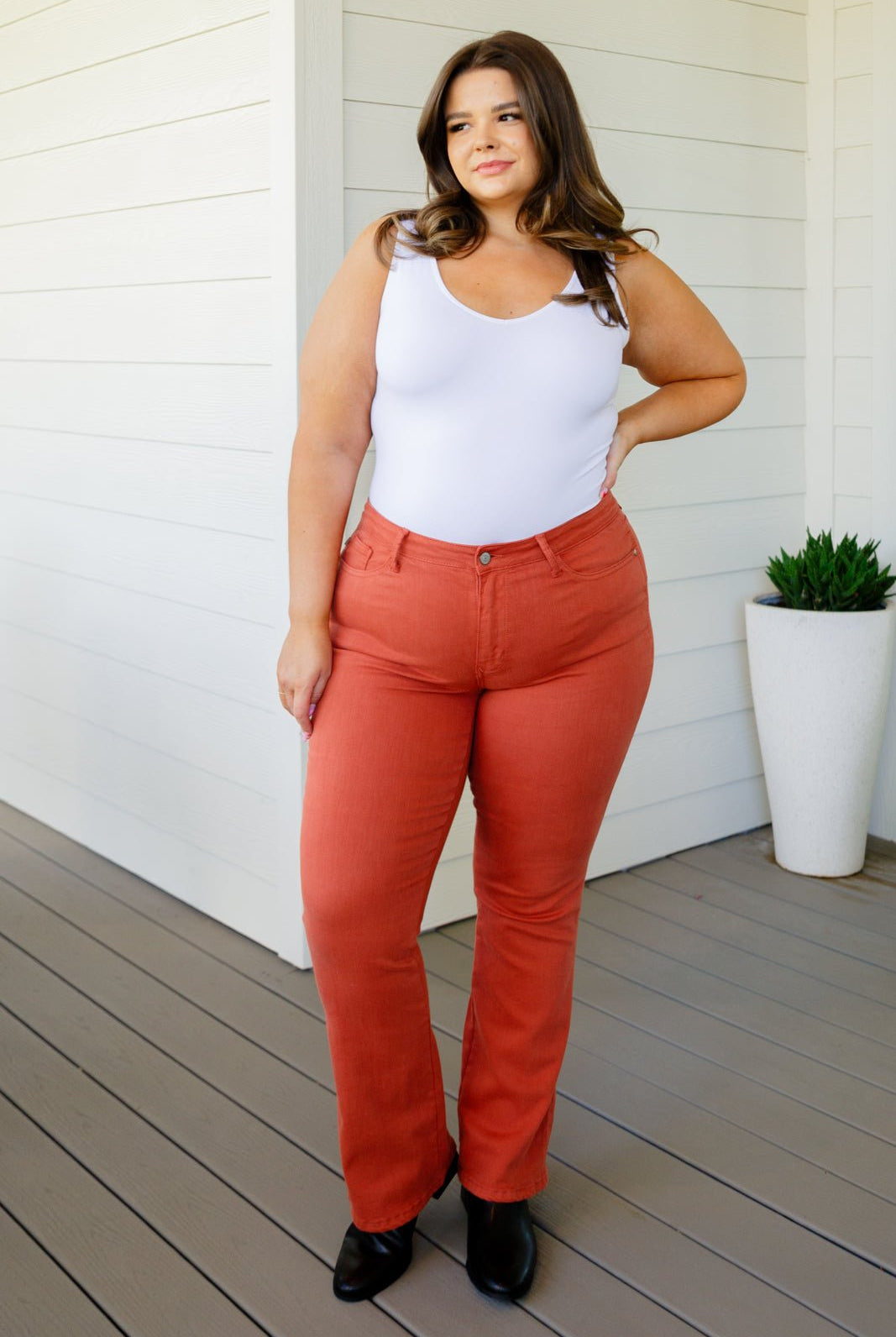 Autumn Mid Rise Slim Bootcut Jeans in Terracotta (Online Exclusive) - Uptown Boutique Ramona