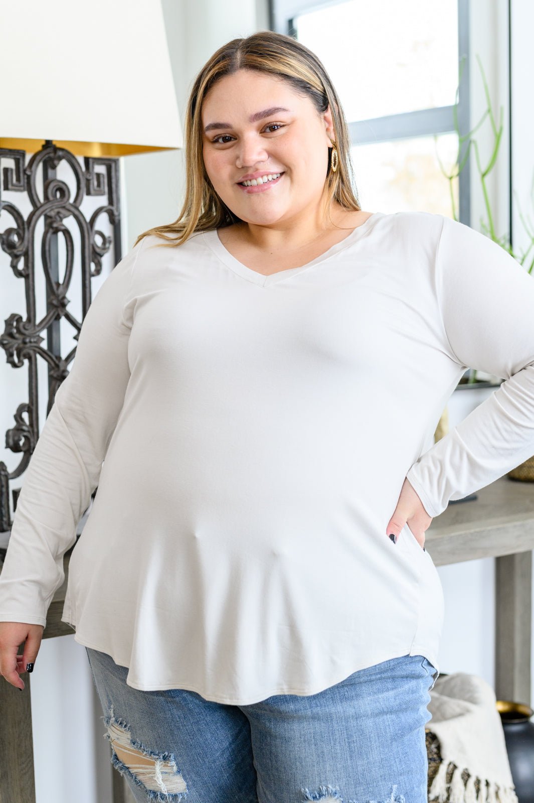Basics Are Best Long Sleeve V - Neck Top in Bone (Online Exclusive) - Uptown Boutique Ramona