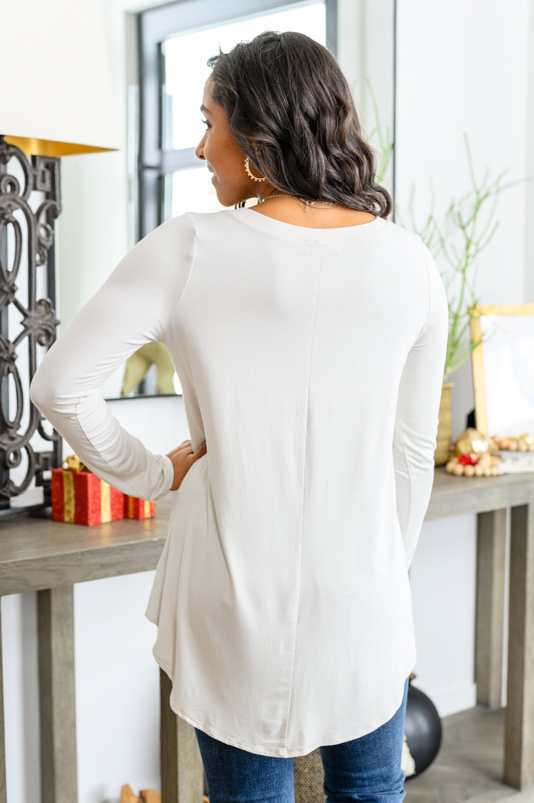 Basics Are Best Long Sleeve V - Neck Top in Bone (Online Exclusive) - Uptown Boutique Ramona