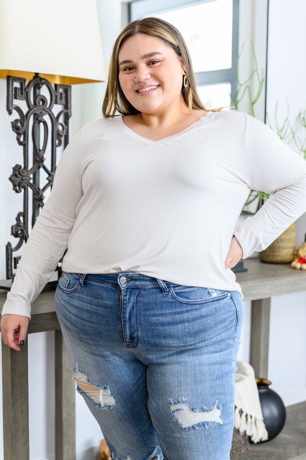 Basics Are Best Long Sleeve V - Neck Top in Bone (Online Exclusive) - Uptown Boutique Ramona