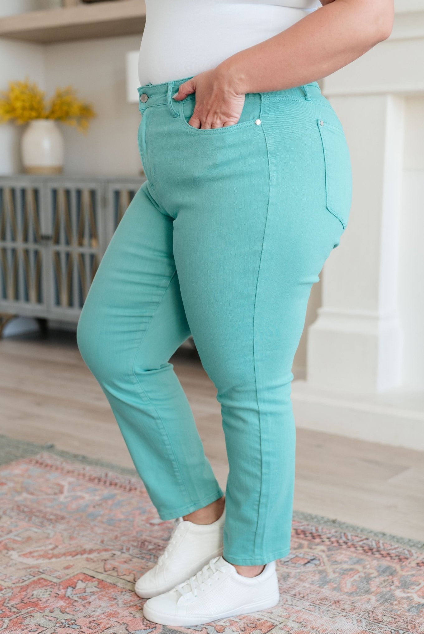 Bridgette High Rise Garment Dyed Slim Jeans in Aquamarine (Online Exclusive) - Uptown Boutique Ramona
