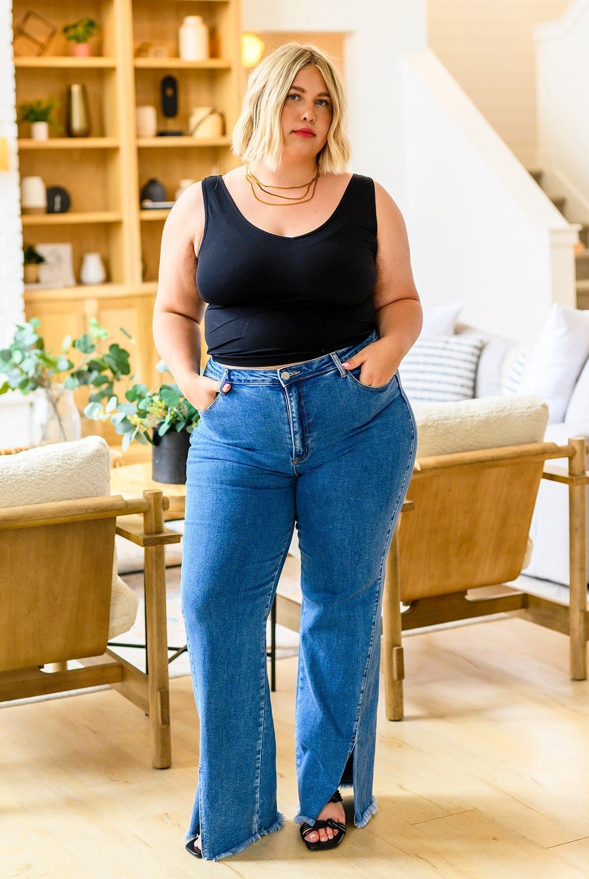 Caitlin High Rise Split Hem Straight Jeans (Online Exclusive) - Uptown Boutique Ramona