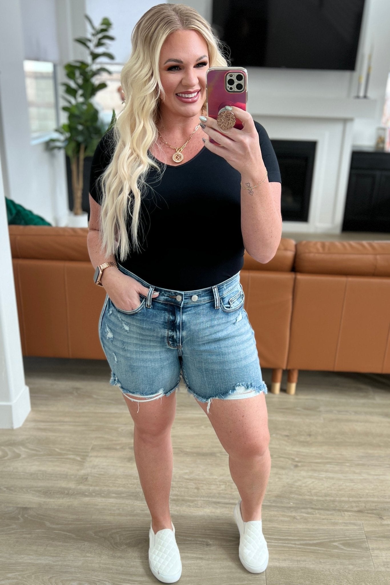 Callie High Rise Adjustable Button Cutoff Shorts (Online Exclusive) - Uptown Boutique Ramona