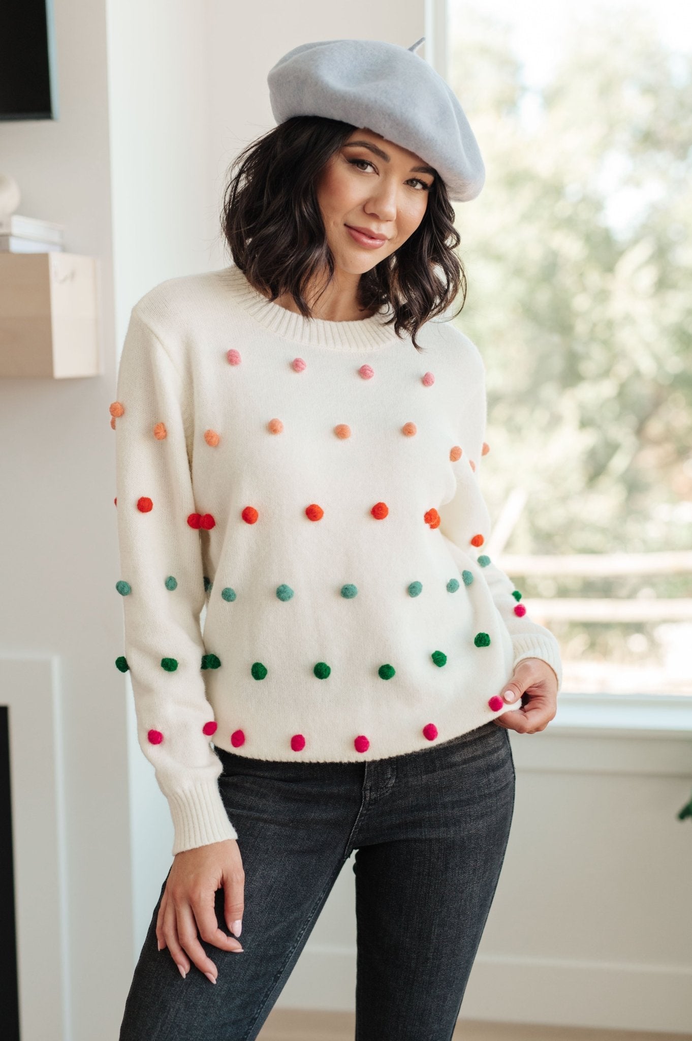 Candy Buttons Pom Detail Sweater (Online Exclusive) - Uptown Boutique Ramona