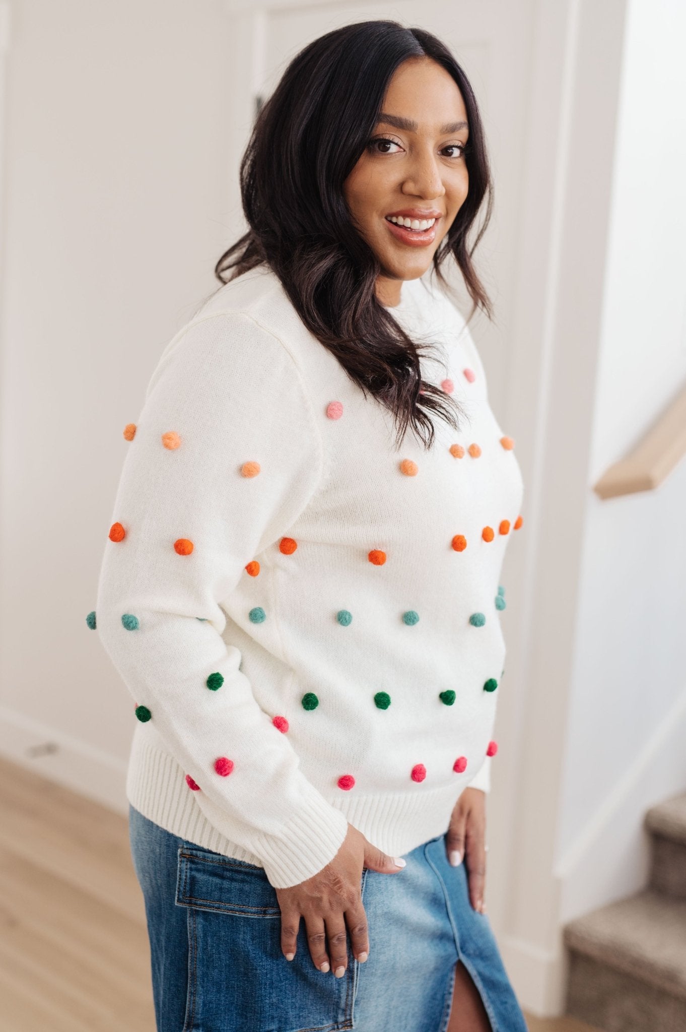 Candy Buttons Pom Detail Sweater (Online Exclusive) - Uptown Boutique Ramona