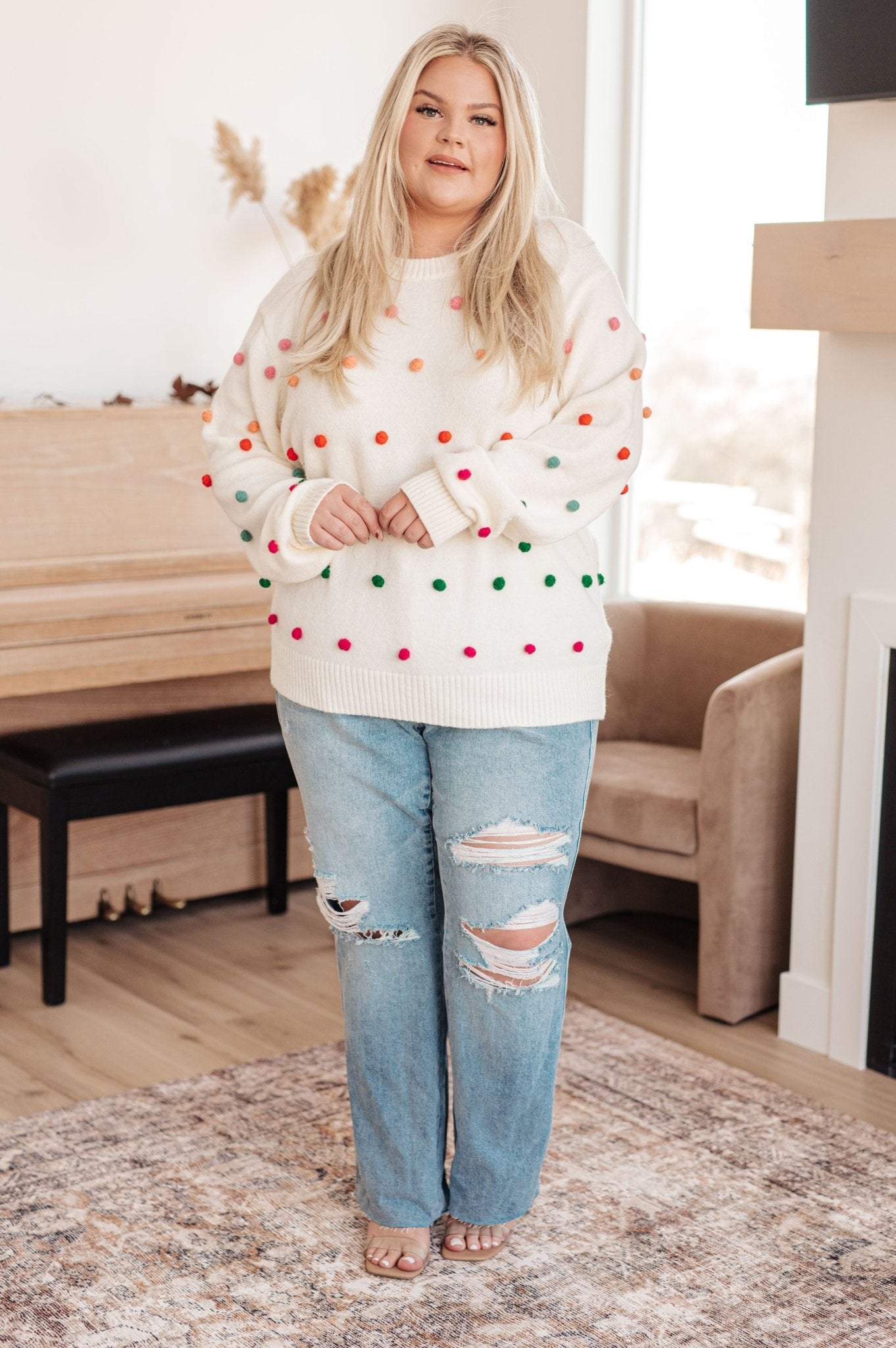 Candy Buttons Pom Detail Sweater (Online Exclusive) - Uptown Boutique Ramona