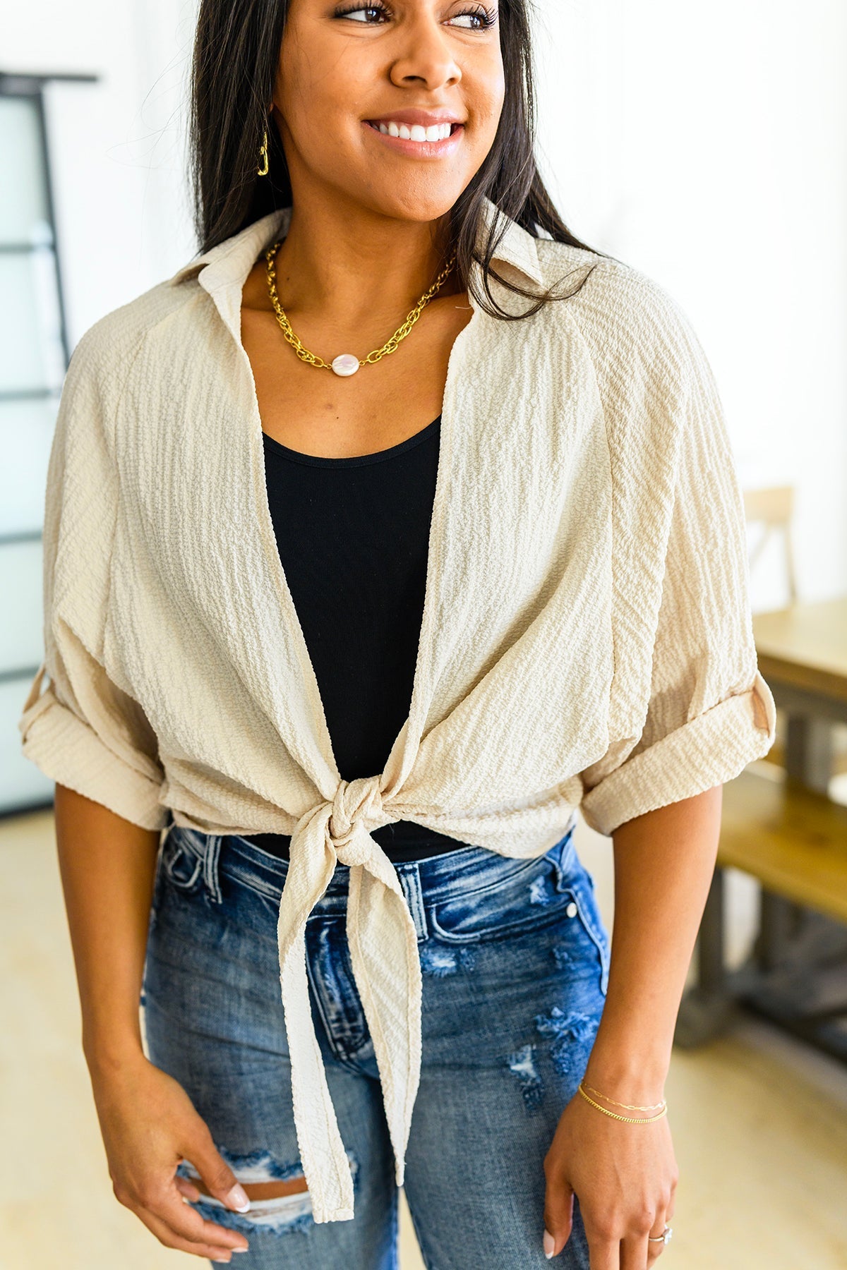 Castaway Tie Front Shirt (Online Exclusive) - Uptown Boutique Ramona