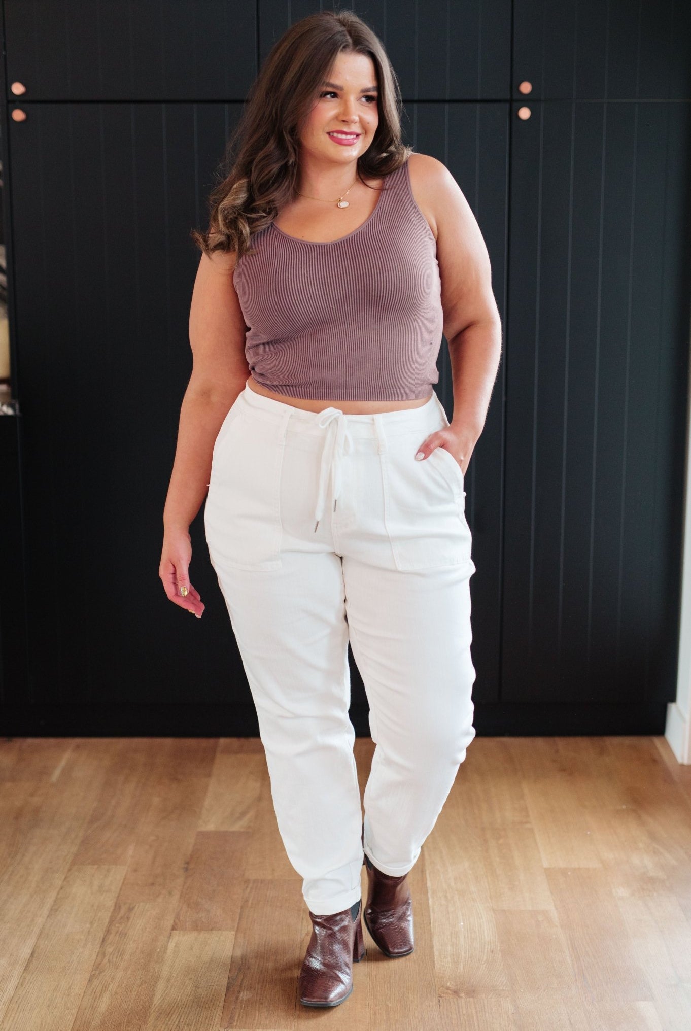 Charlene High Rise Contrast Thread Jogger in Ecru (Online Exclusive) - Uptown Boutique Ramona