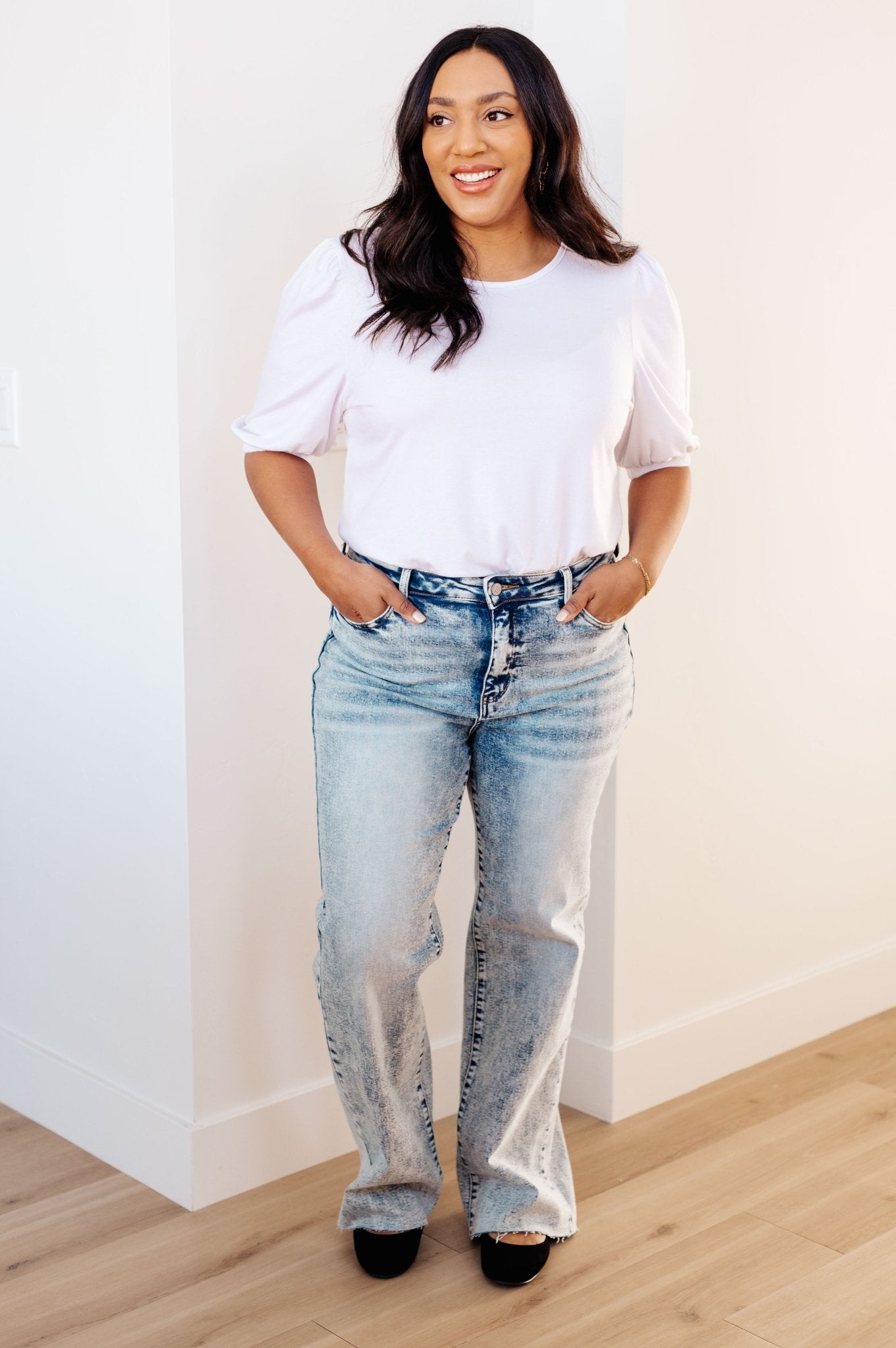 Dory High Waist Mineral Wash Raw Hem Wide Leg Jeans (Online Exclusive) - Uptown Boutique Ramona