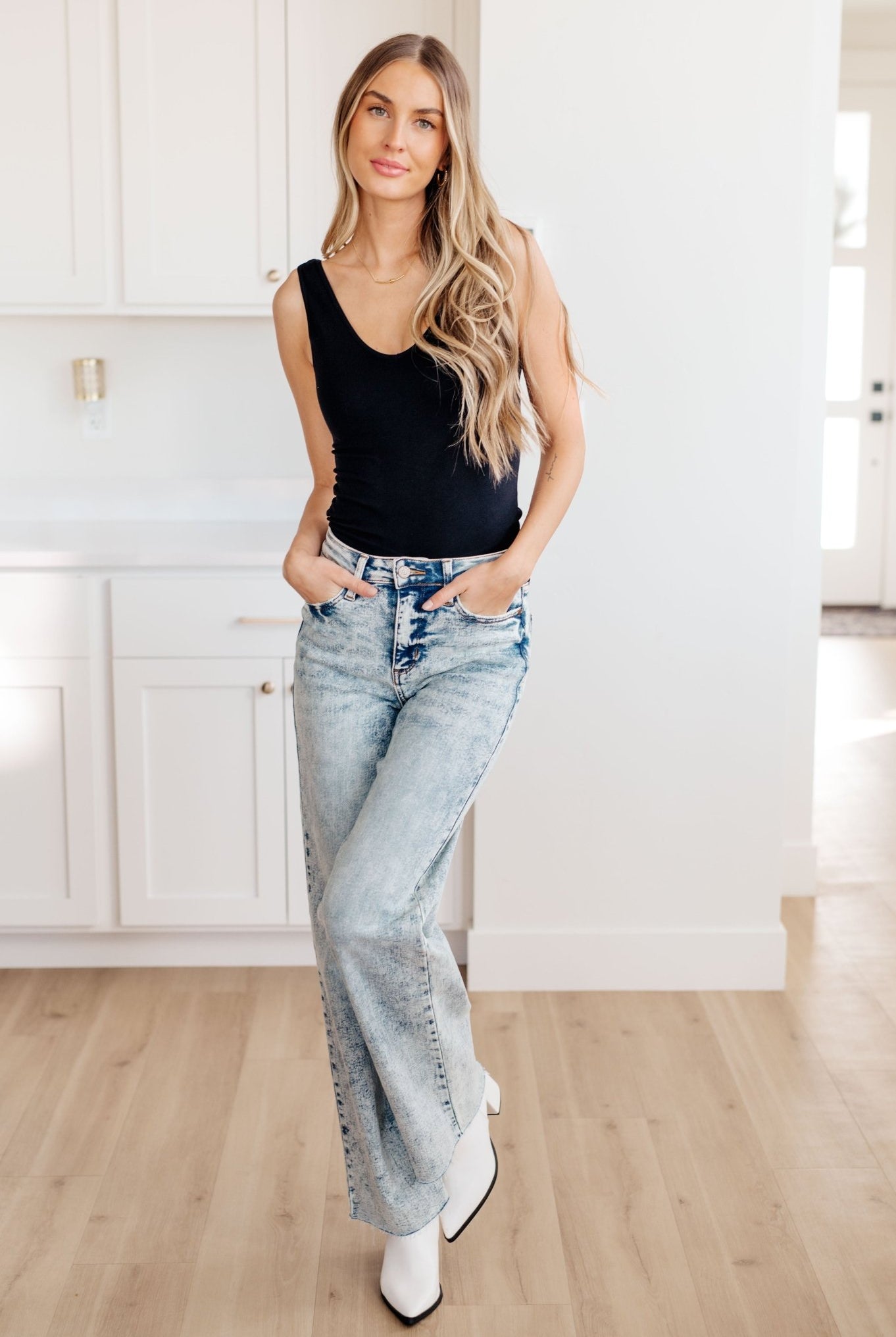Dory High Waist Mineral Wash Raw Hem Wide Leg Jeans (Online Exclusive) - Uptown Boutique Ramona