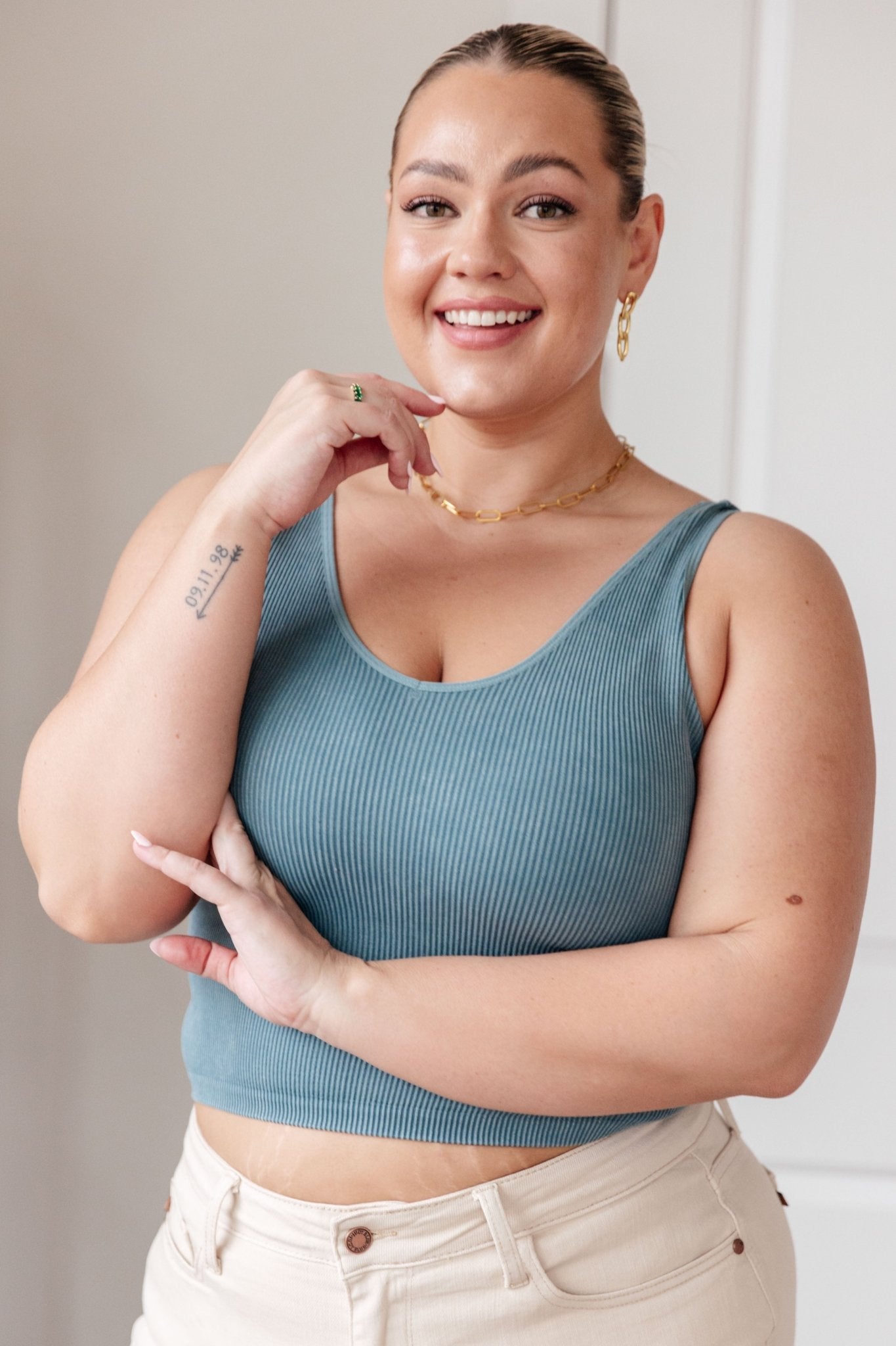 Fundamentals Ribbed Seamless Reversible Tank in Vintage Blue (Online Exclusive) - Uptown Boutique Ramona