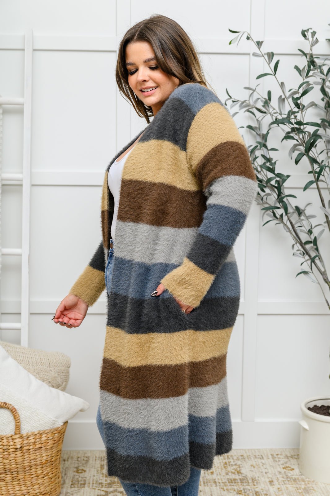 Fuzzy Longline Cardigan In Blue & Cocoa (Online Exclusive) - Uptown Boutique Ramona
