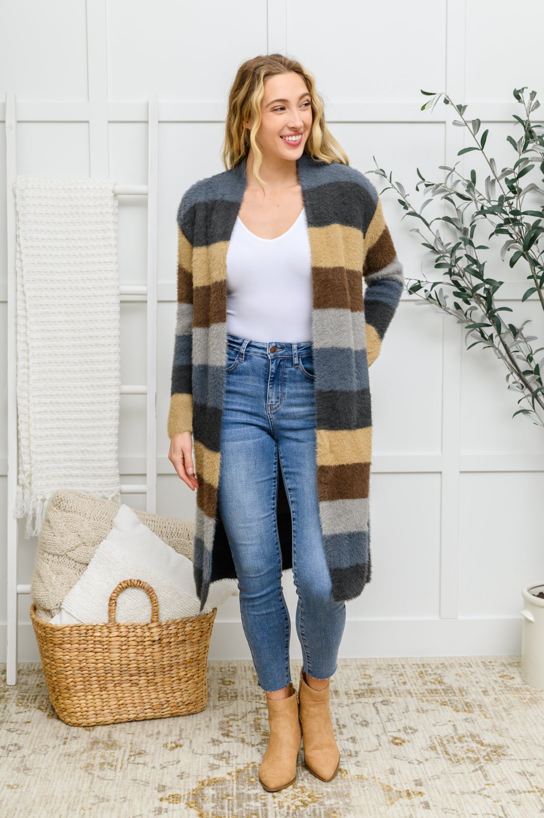 Fuzzy Longline Cardigan In Blue & Cocoa (Online Exclusive) - Uptown Boutique Ramona