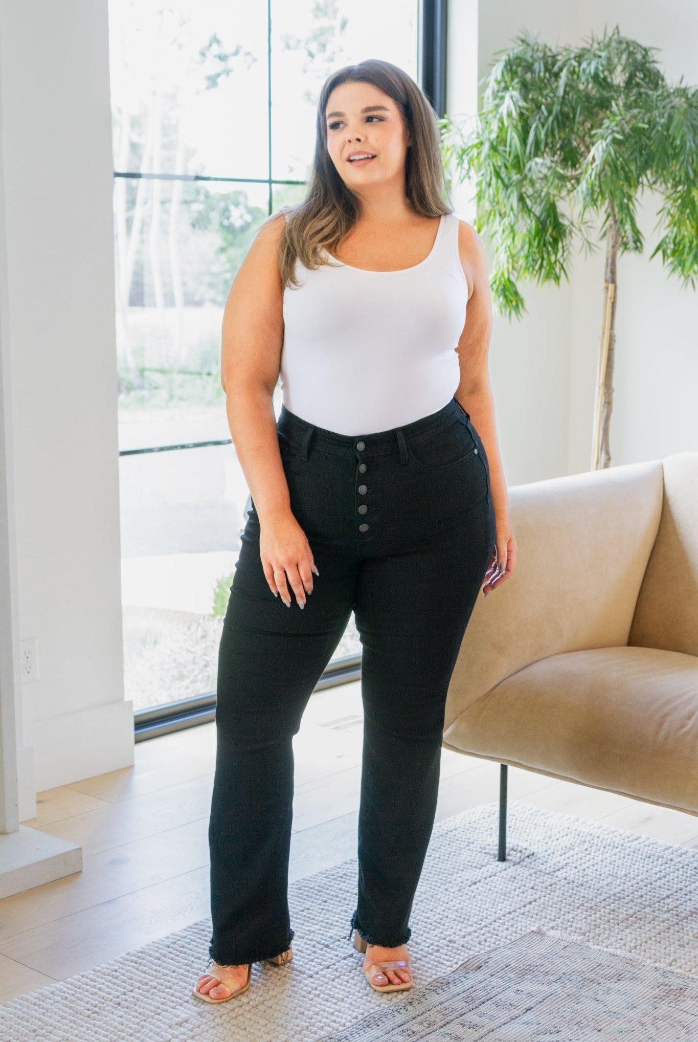 Harriet High Rise Button Fly Bootcut Jeans in Black (Online Exclusive) - Uptown Boutique Ramona