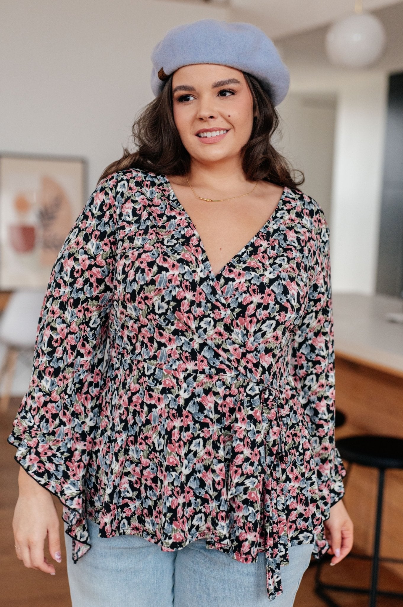 Have It All Angel Sleeve Top in Black Floral (Online Exclusive) - Uptown Boutique Ramona