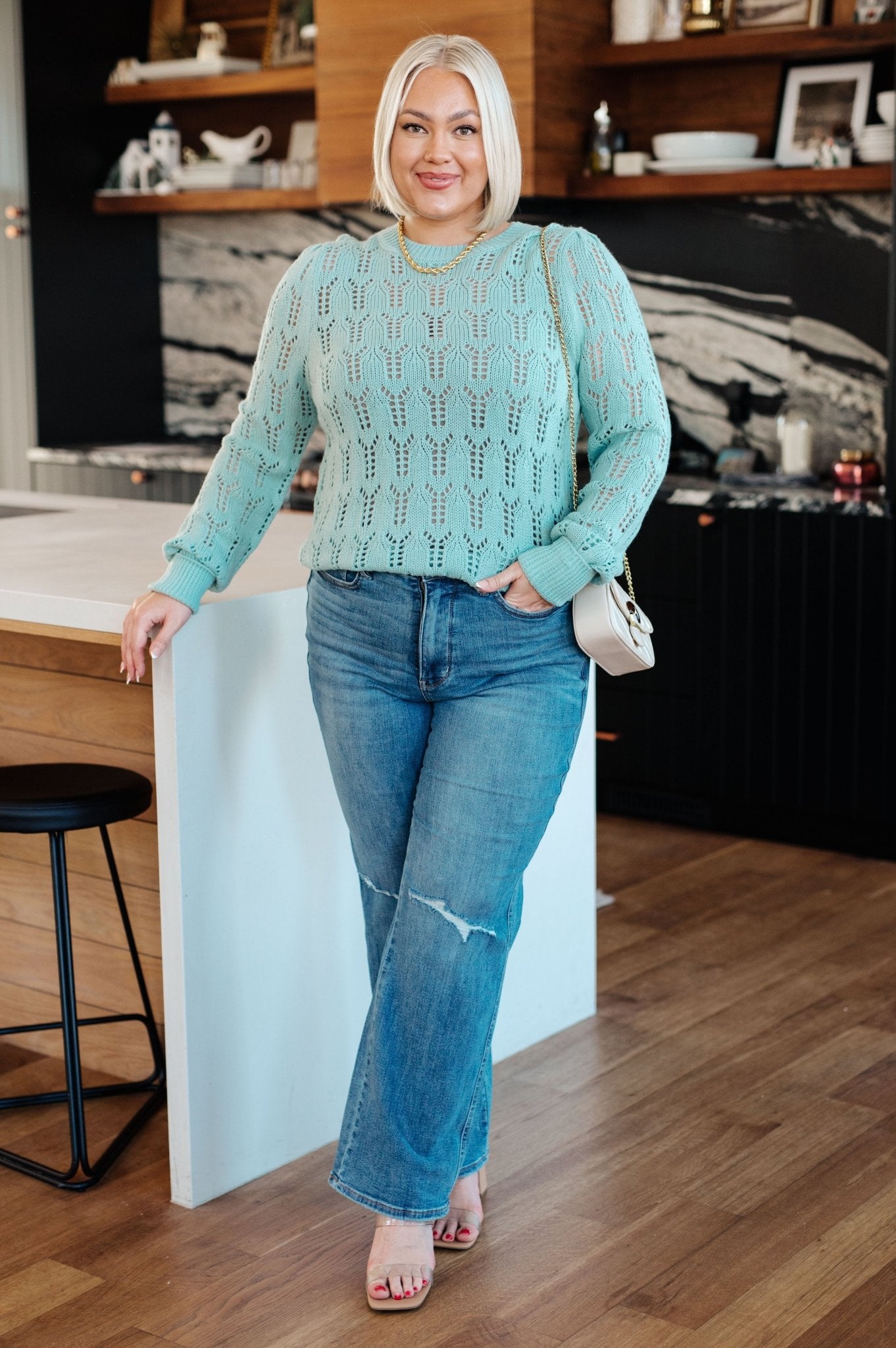 Hole In One Sheer Pointelle Knit Sweater (Online Exclusive) - Uptown Boutique Ramona