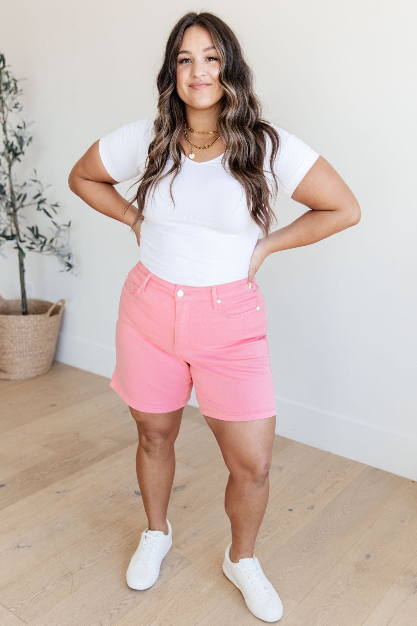 Jenna High Rise Control Top Cuffed Shorts in Pink (Online Exclusive) - Uptown Boutique Ramona