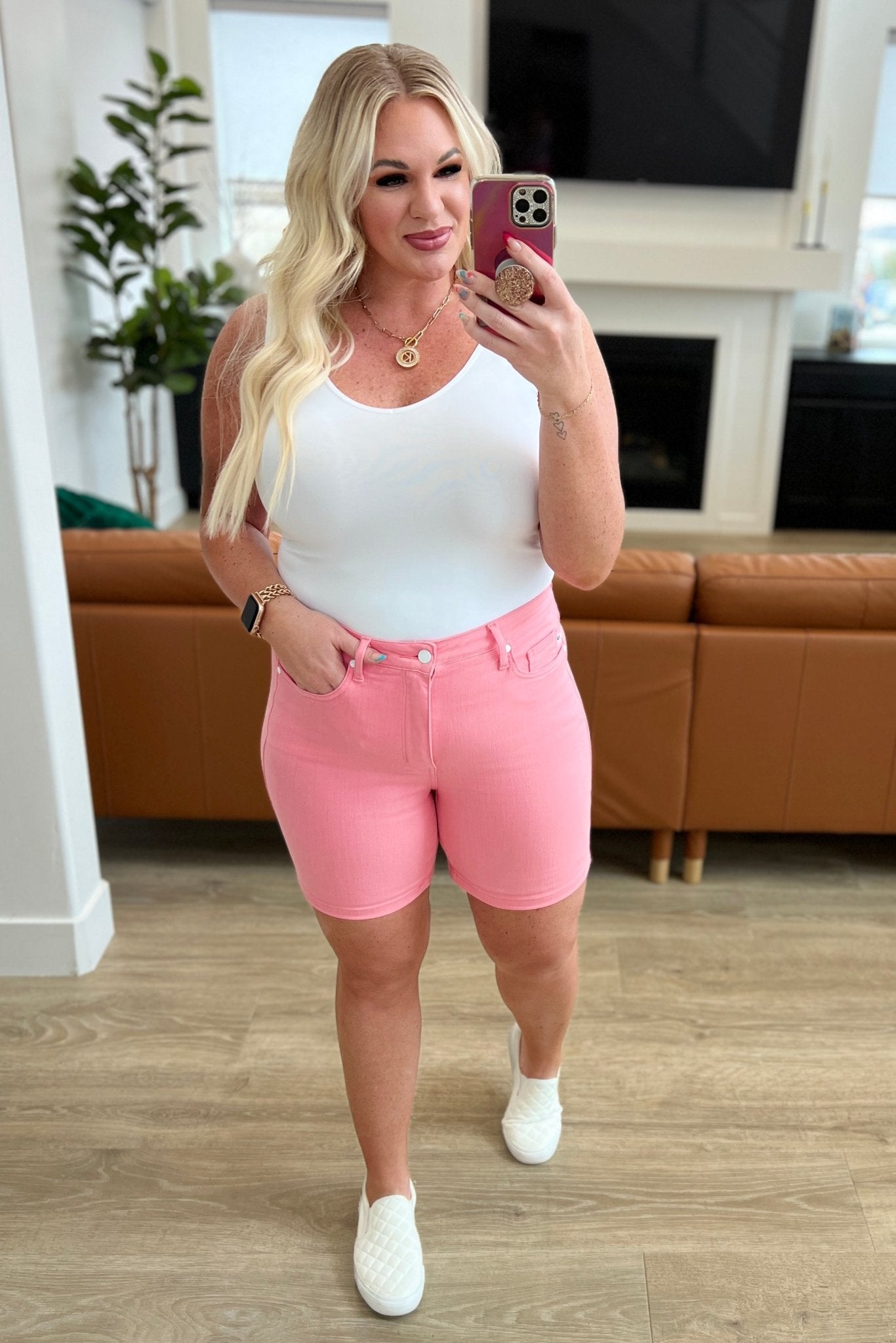 Jenna High Rise Control Top Cuffed Shorts in Pink (Online Exclusive) - Uptown Boutique Ramona