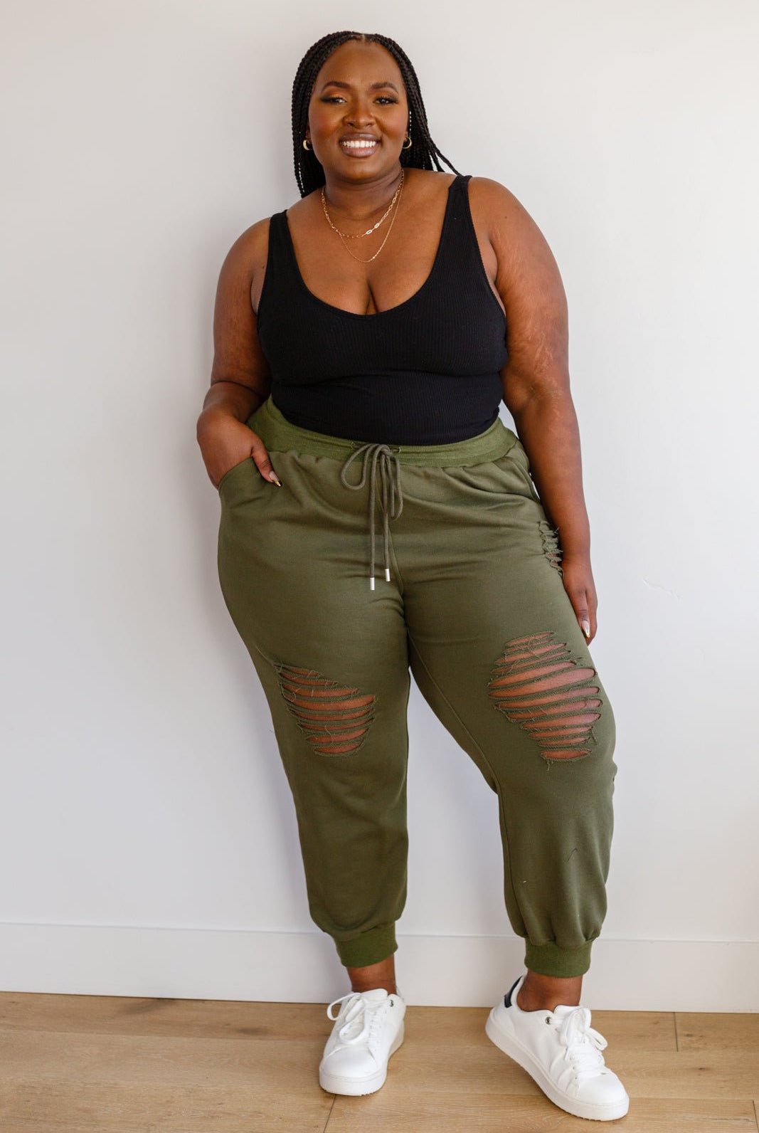 Kick Back Distressed Joggers in Olive (Online Exclusive) - Uptown Boutique Ramona