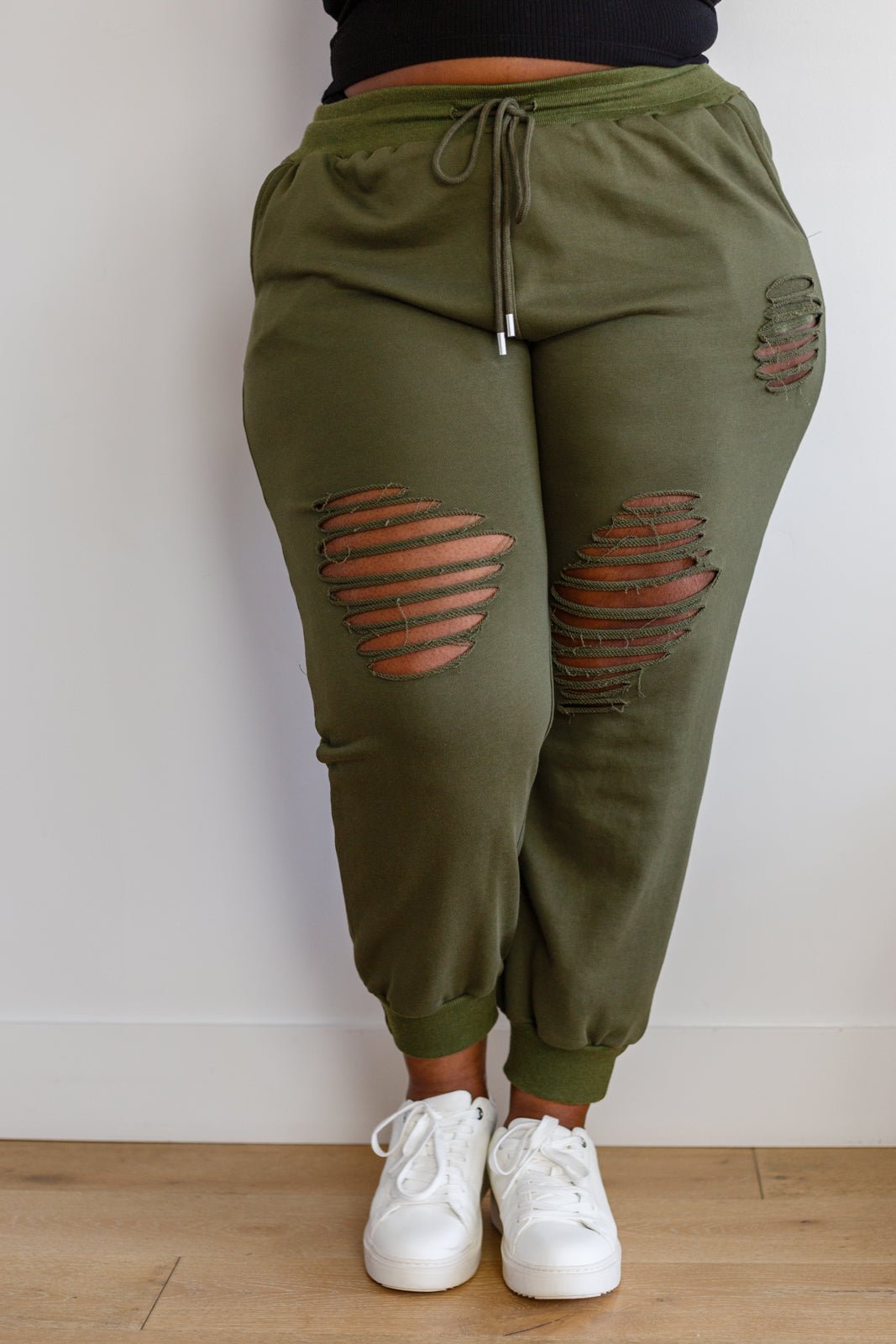 Kick Back Distressed Joggers in Olive (Online Exclusive) - Uptown Boutique Ramona