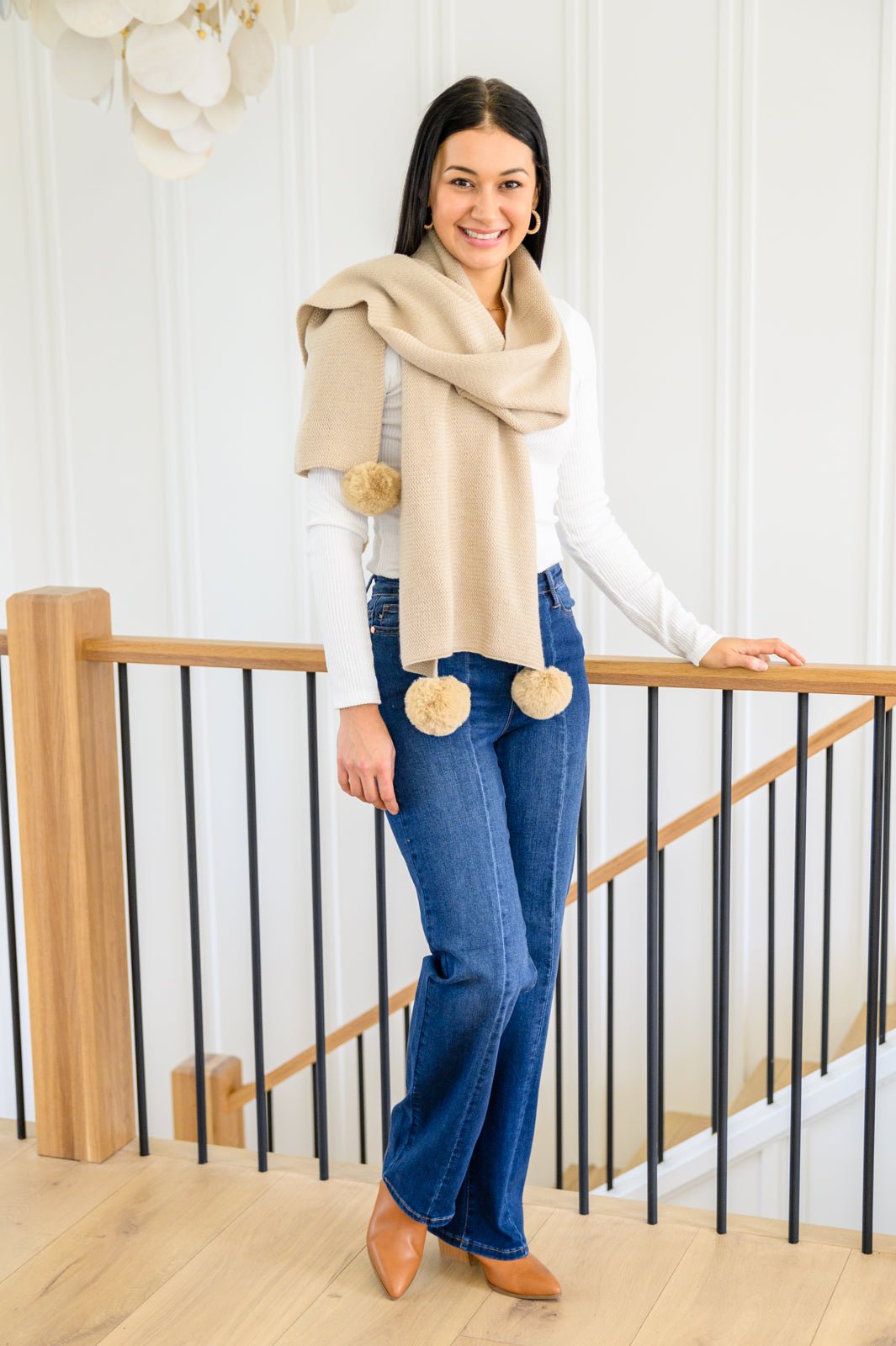 Knitted Fuzzy Pom Pom Scarf In Beige (Online Exclusive) - Uptown Boutique Ramona