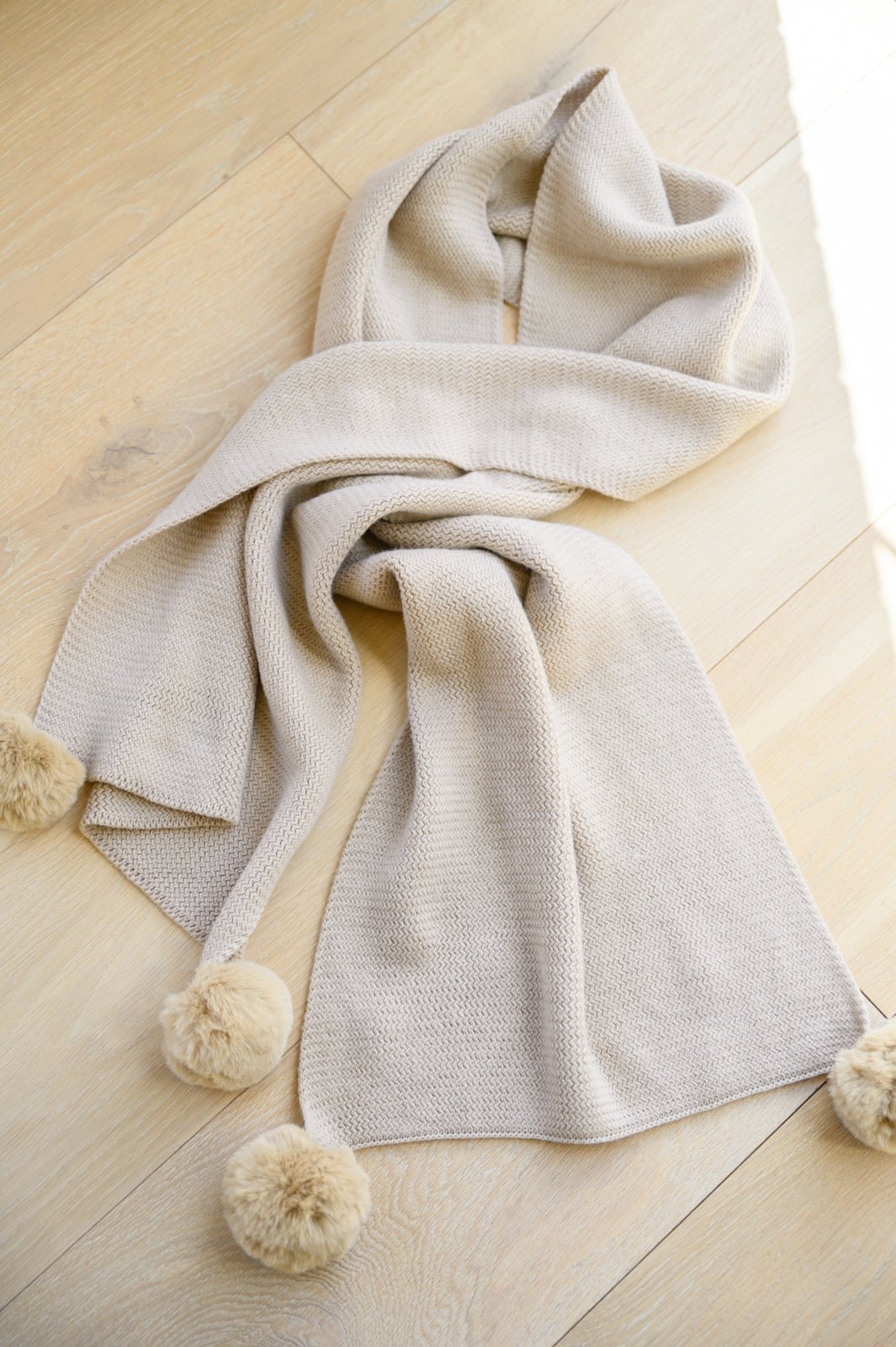 Knitted Fuzzy Pom Pom Scarf In Beige (Online Exclusive) - Uptown Boutique Ramona
