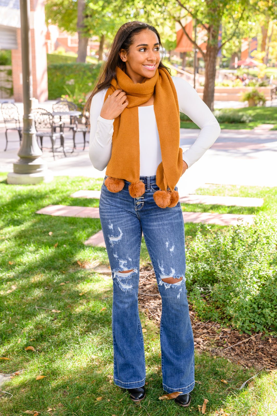Knitted Fuzzy Pom Pom Scarf In Ginger (Online Exclusive) - Uptown Boutique Ramona