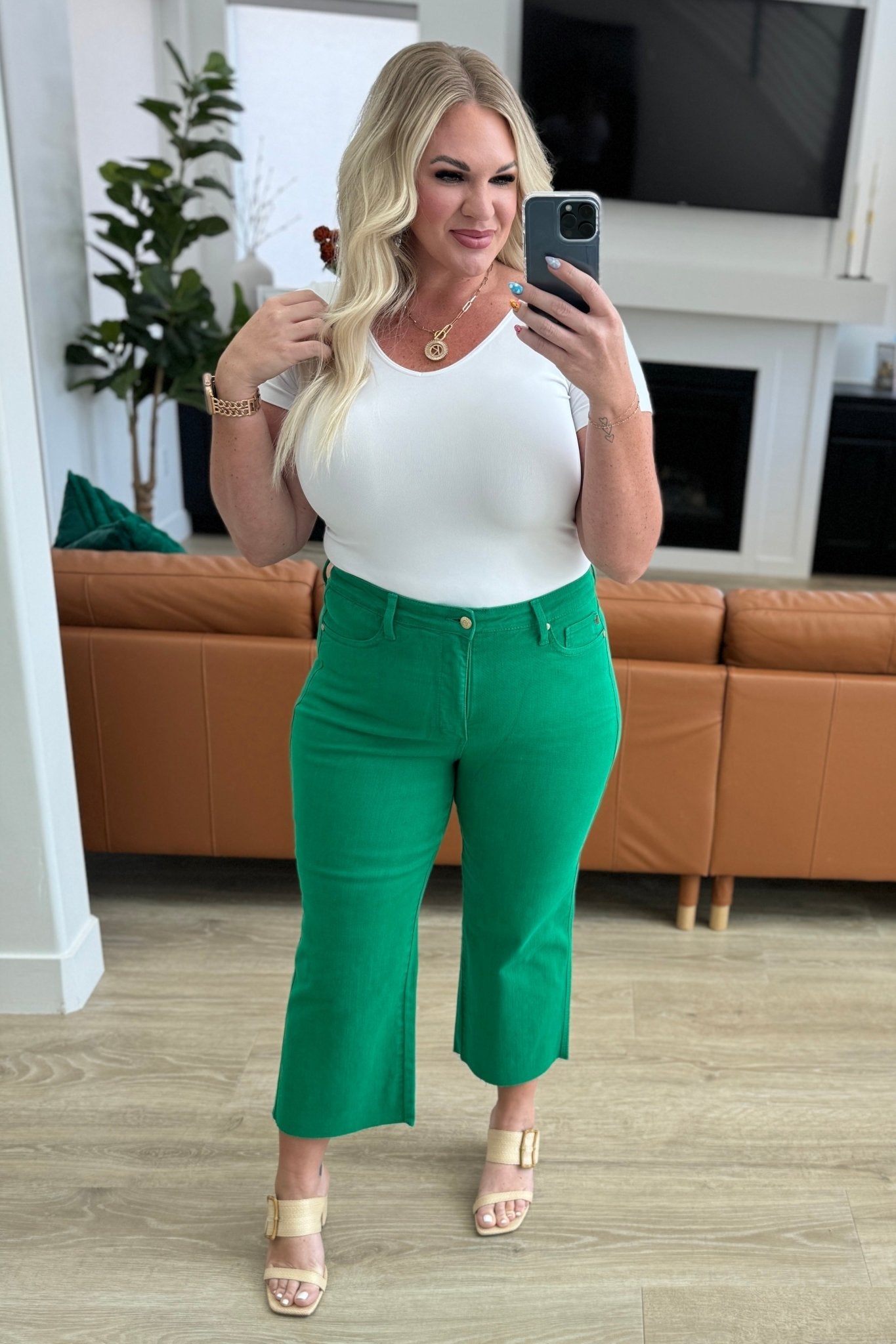 Lisa High Rise Control Top Wide Leg Crop Jeans in Kelly Green (Online Exclusive) - Uptown Boutique Ramona