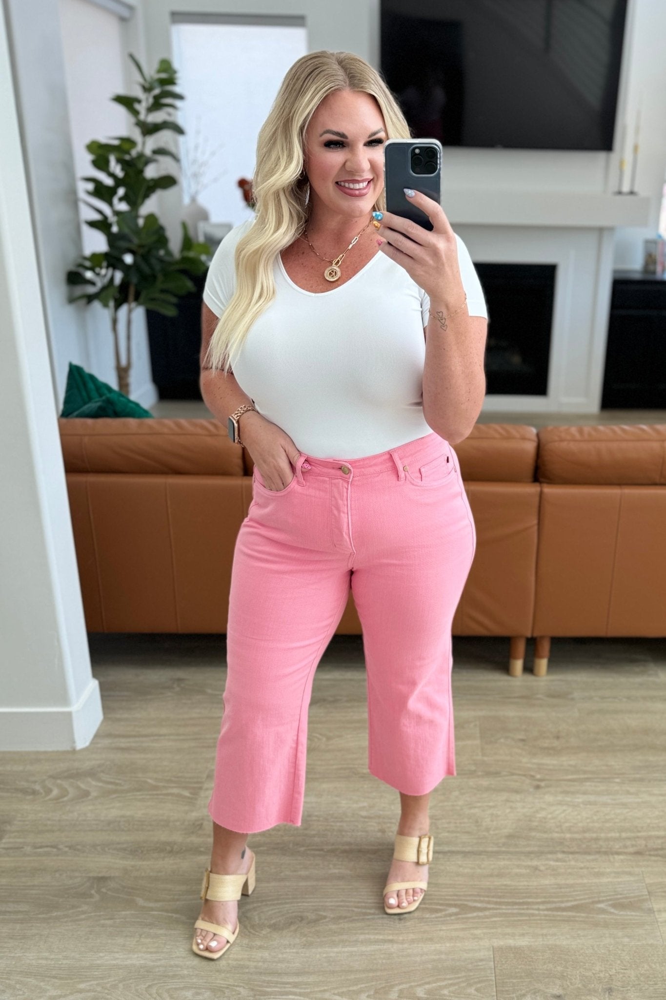Lisa High Rise Control Top Wide Leg Crop Jeans in Pink (Online Exclusive) - Uptown Boutique Ramona