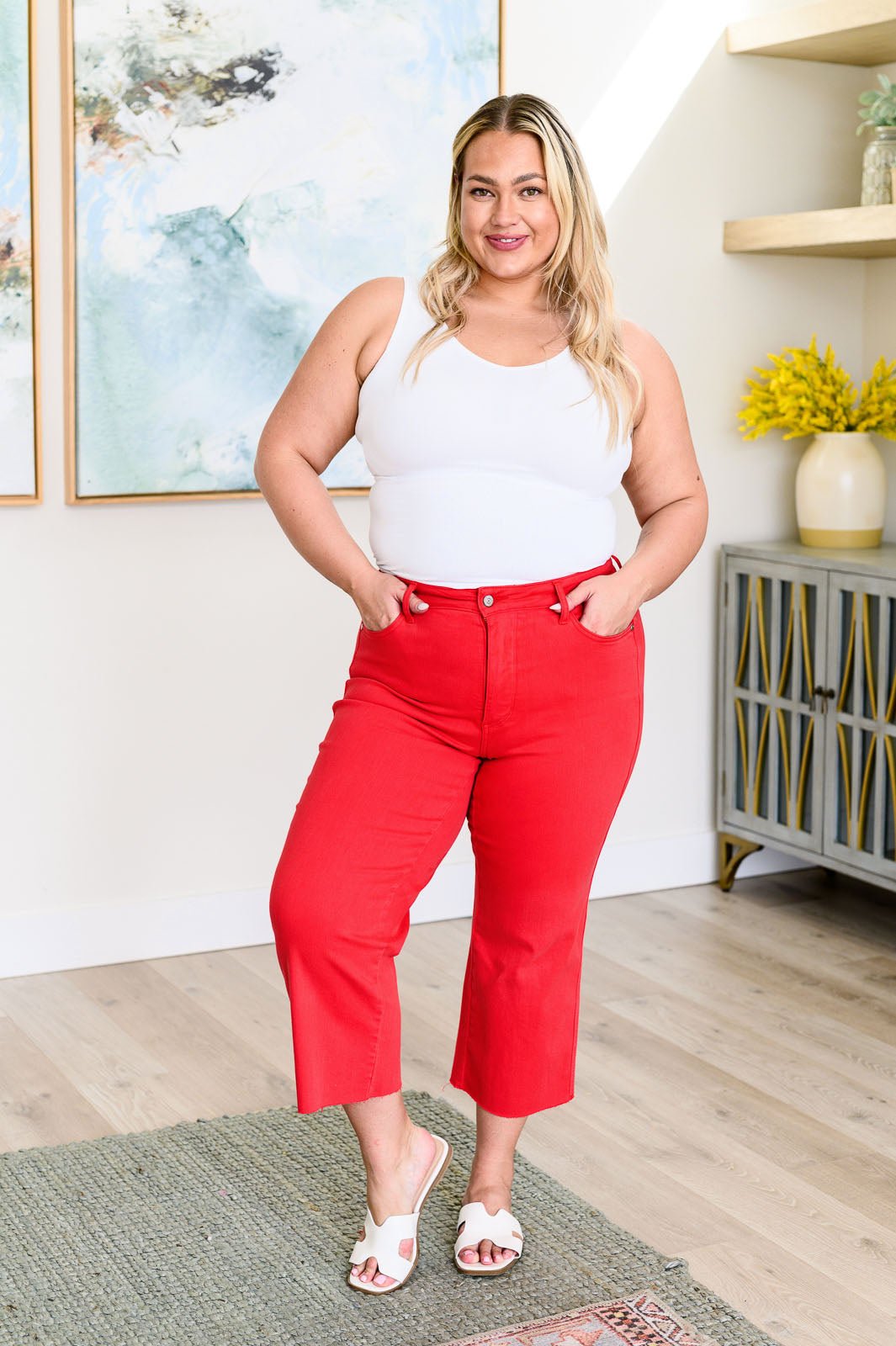 Lisa High Rise Control Top Wide Leg Crop Jeans in Red (Online Exclusive) - Uptown Boutique Ramona