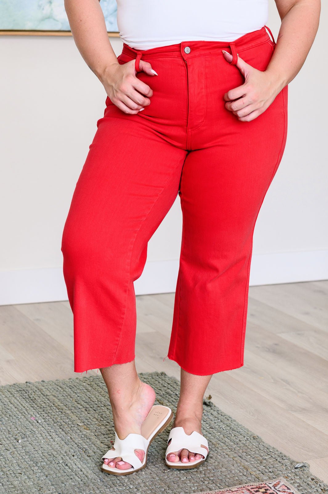 Lisa High Rise Control Top Wide Leg Crop Jeans in Red (Online Exclusive) - Uptown Boutique Ramona