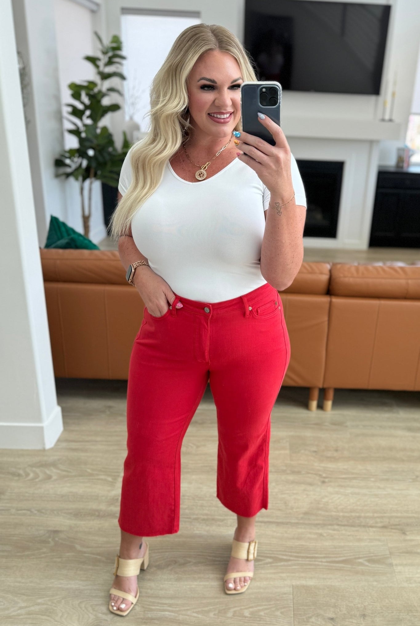 Lisa High Rise Control Top Wide Leg Crop Jeans in Red (Online Exclusive) - Uptown Boutique Ramona