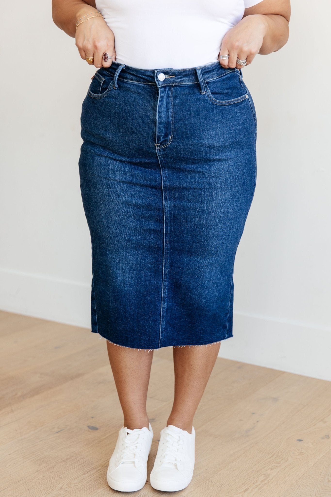 Marcy High Rise Denim Midi Skirt (Online Exclusive) - Uptown Boutique Ramona