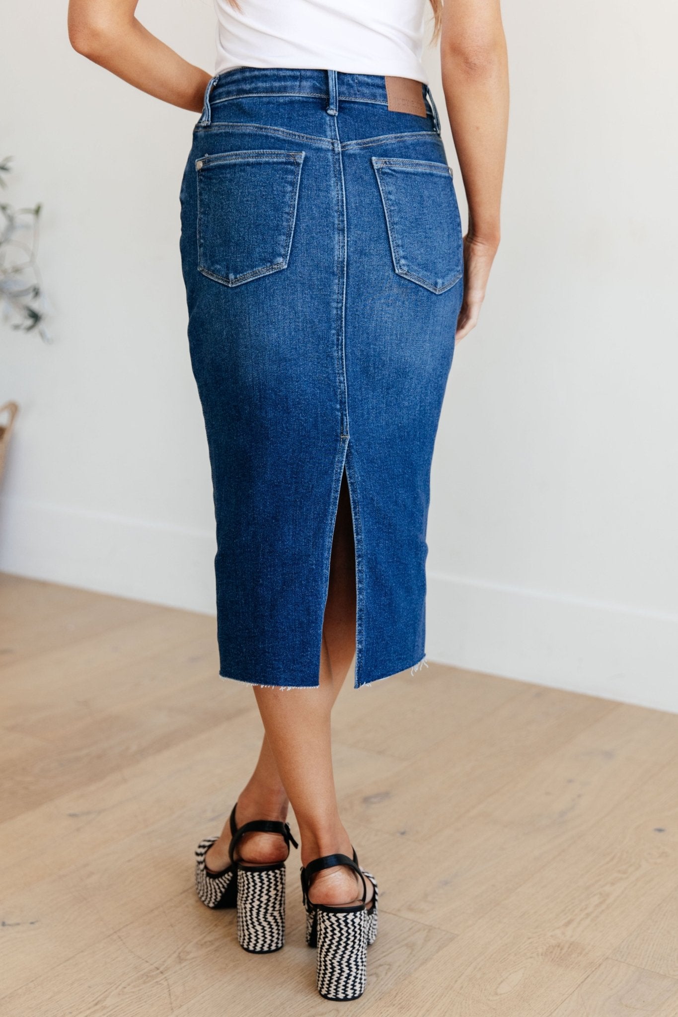 Marcy High Rise Denim Midi Skirt (Online Exclusive) - Uptown Boutique Ramona