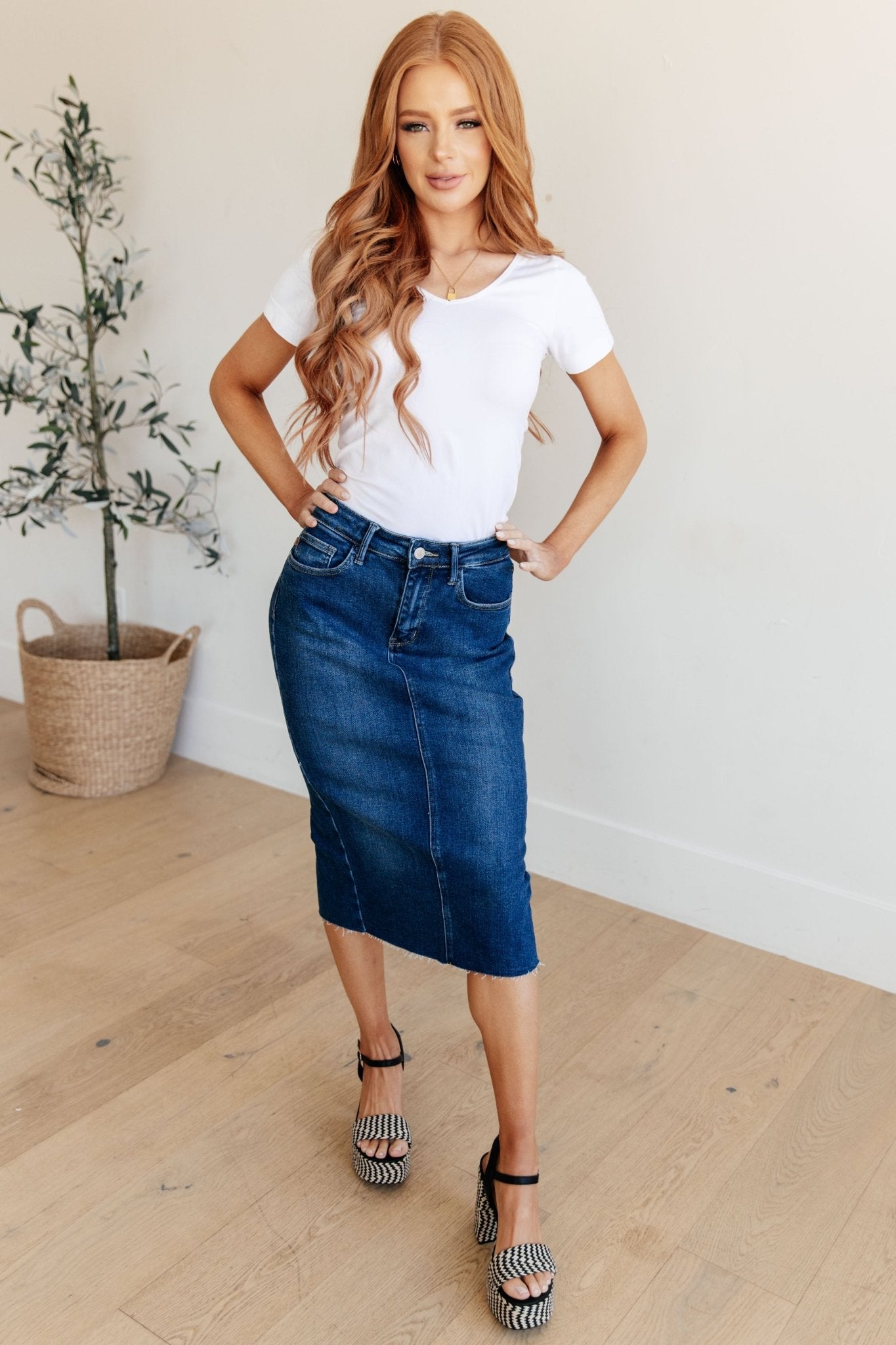 Marcy High Rise Denim Midi Skirt (Online Exclusive) - Uptown Boutique Ramona