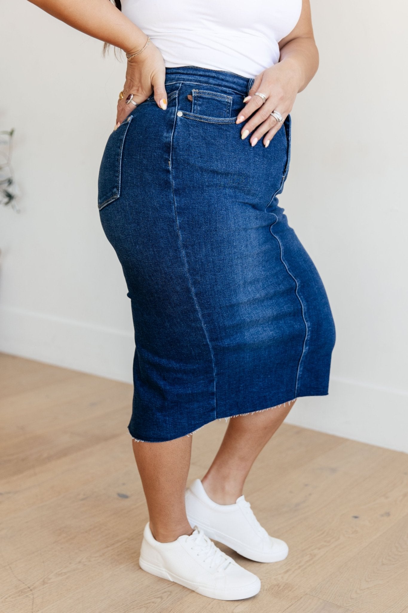 Marcy High Rise Denim Midi Skirt (Online Exclusive) - Uptown Boutique Ramona