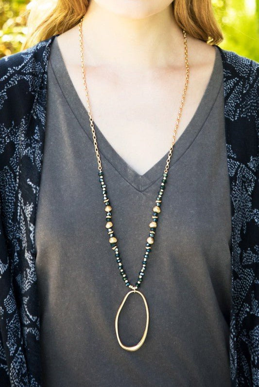 Metal Oval and Glass Bead Necklace - Uptown Boutique Ramona