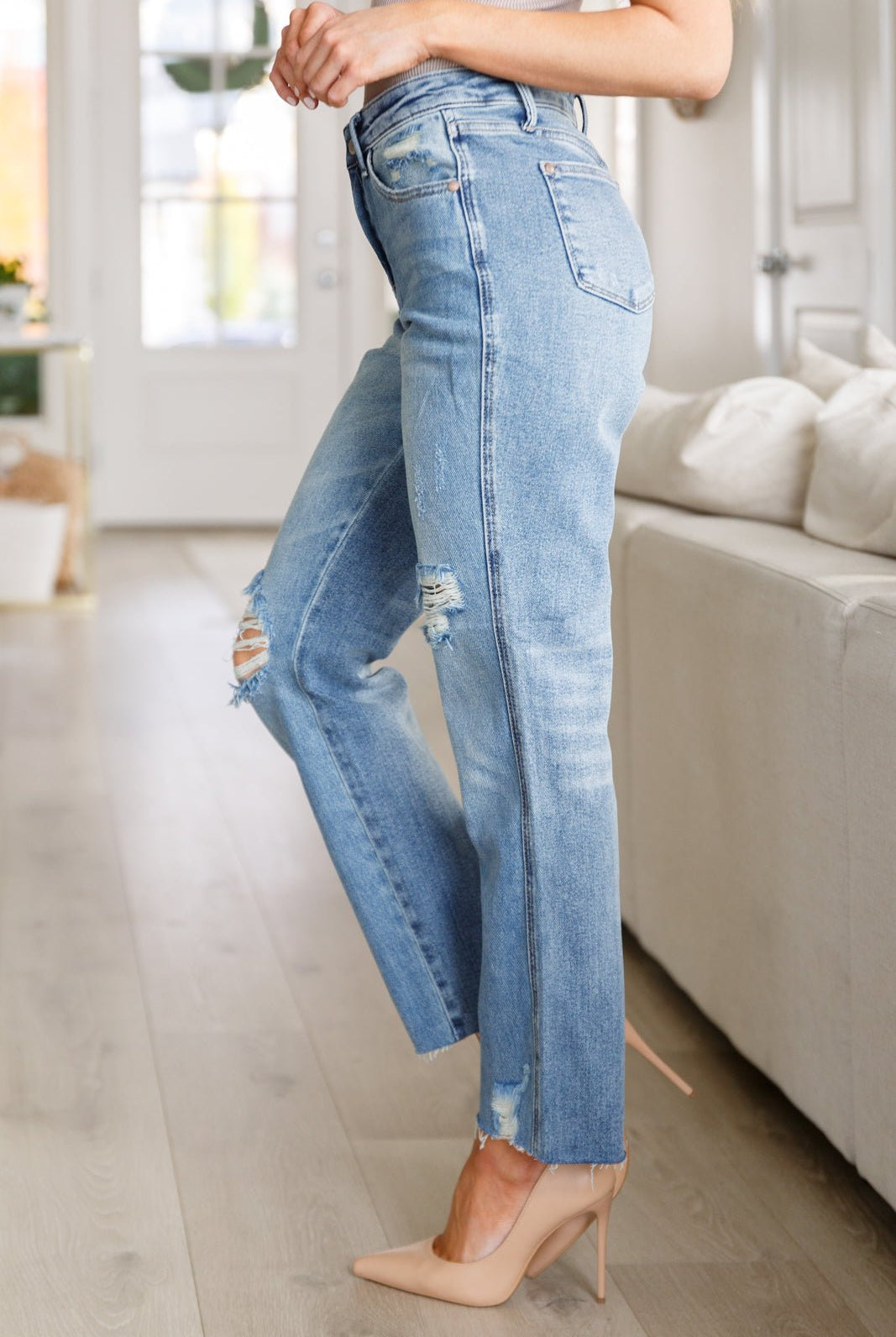 Nora High Rise Rigid Magic Destroy Slim Straight Jeans (Online Exclusive) - Uptown Boutique Ramona