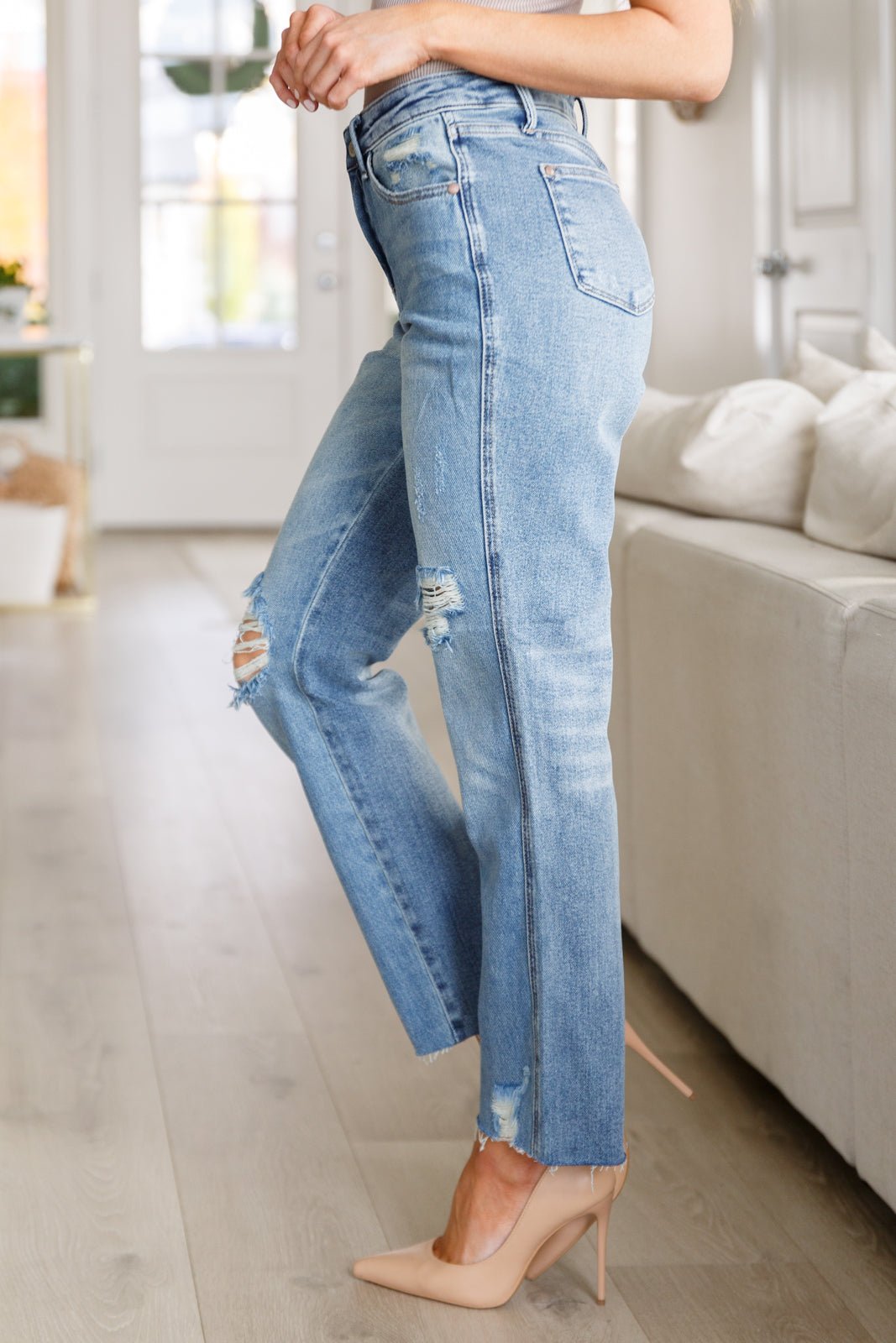 Nora High Rise Rigid Magic Destroy Slim Straight Jeans (Online Exclusive) - Uptown Boutique Ramona