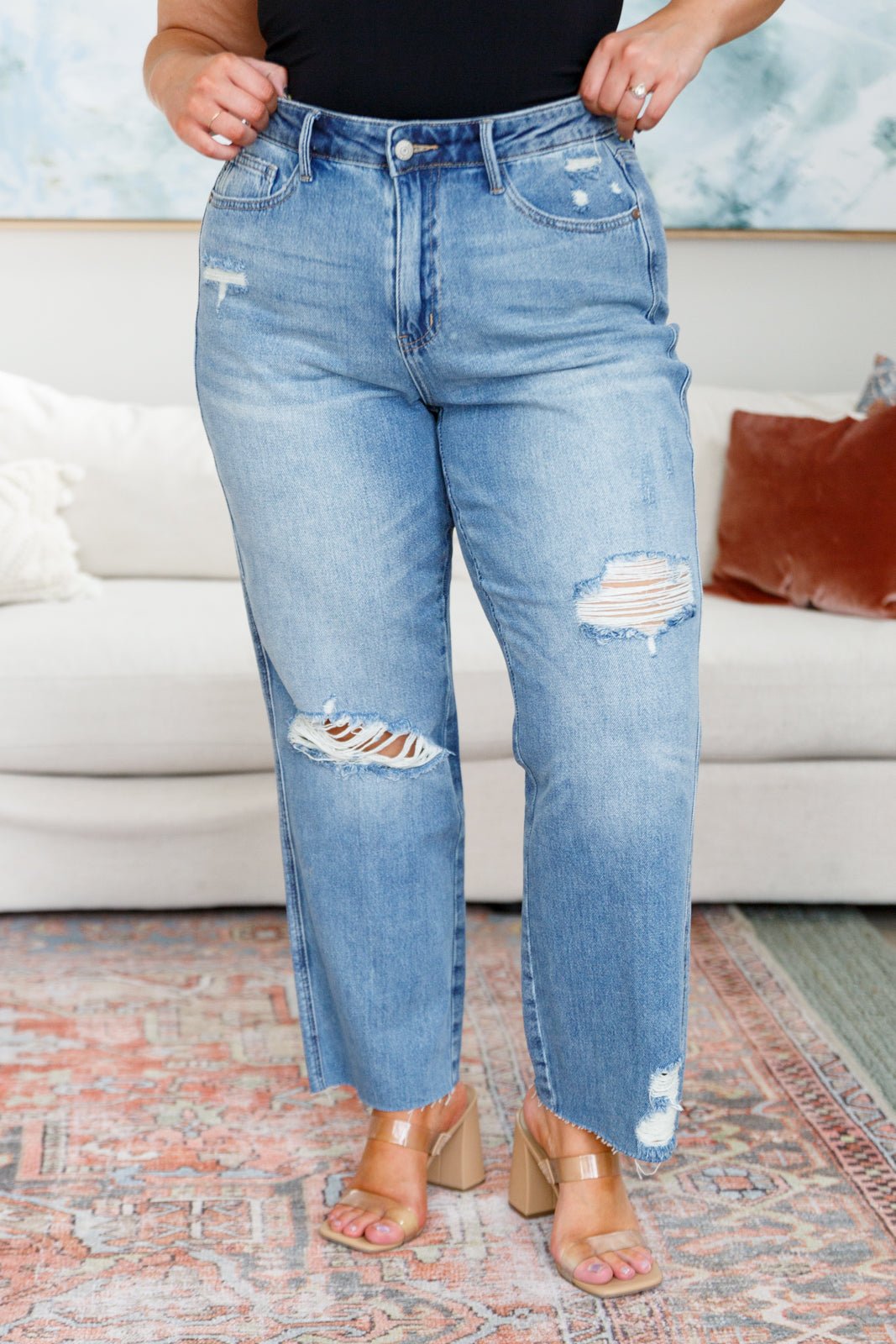 Nora High Rise Rigid Magic Destroy Slim Straight Jeans (Online Exclusive) - Uptown Boutique Ramona