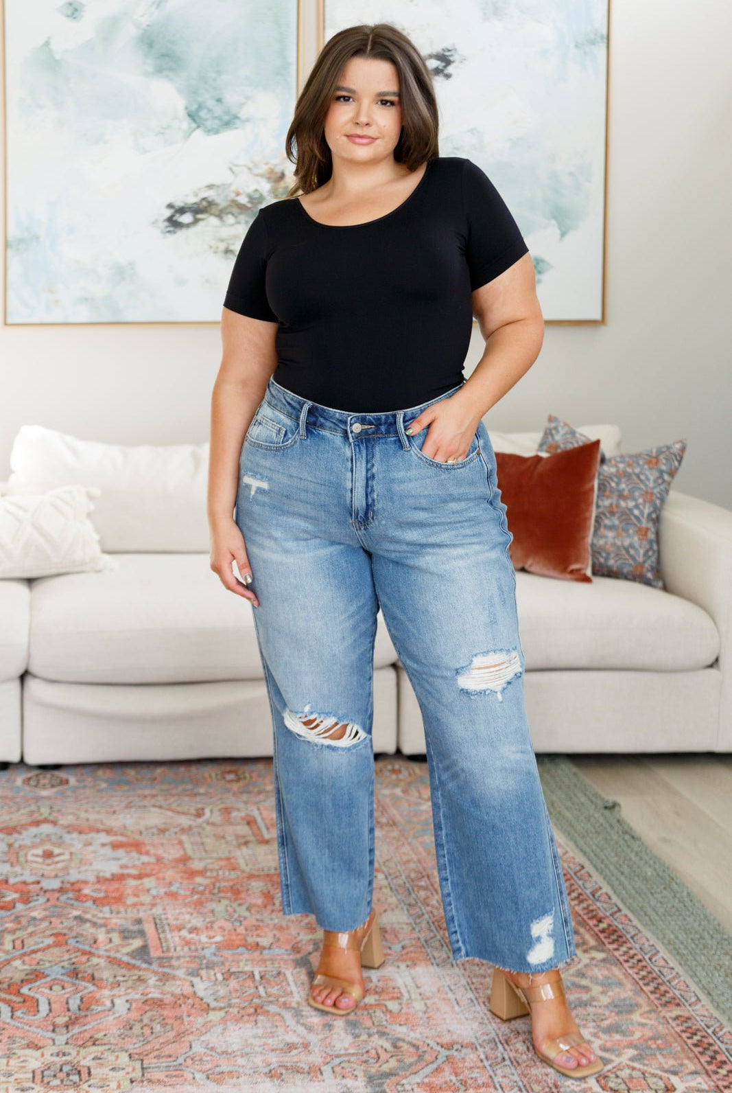 Nora High Rise Rigid Magic Destroy Slim Straight Jeans (Online Exclusive) - Uptown Boutique Ramona