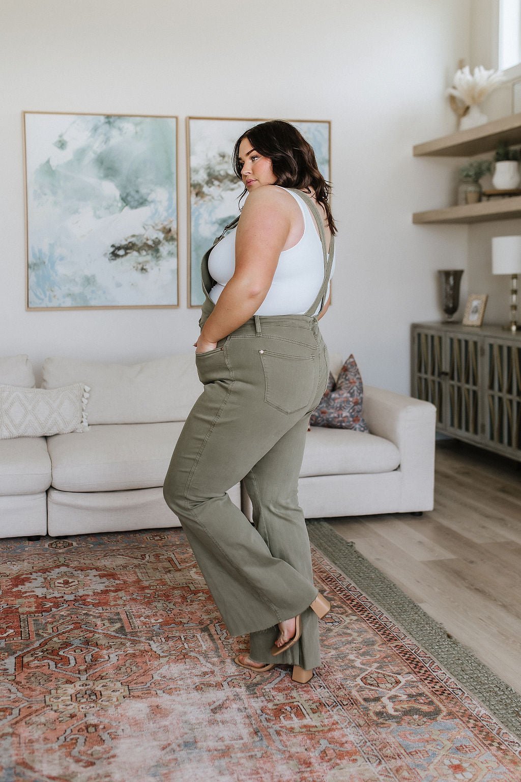 Olivia Control Top Release Hem Overalls in Olive (Online Exclusive) - Uptown Boutique Ramona