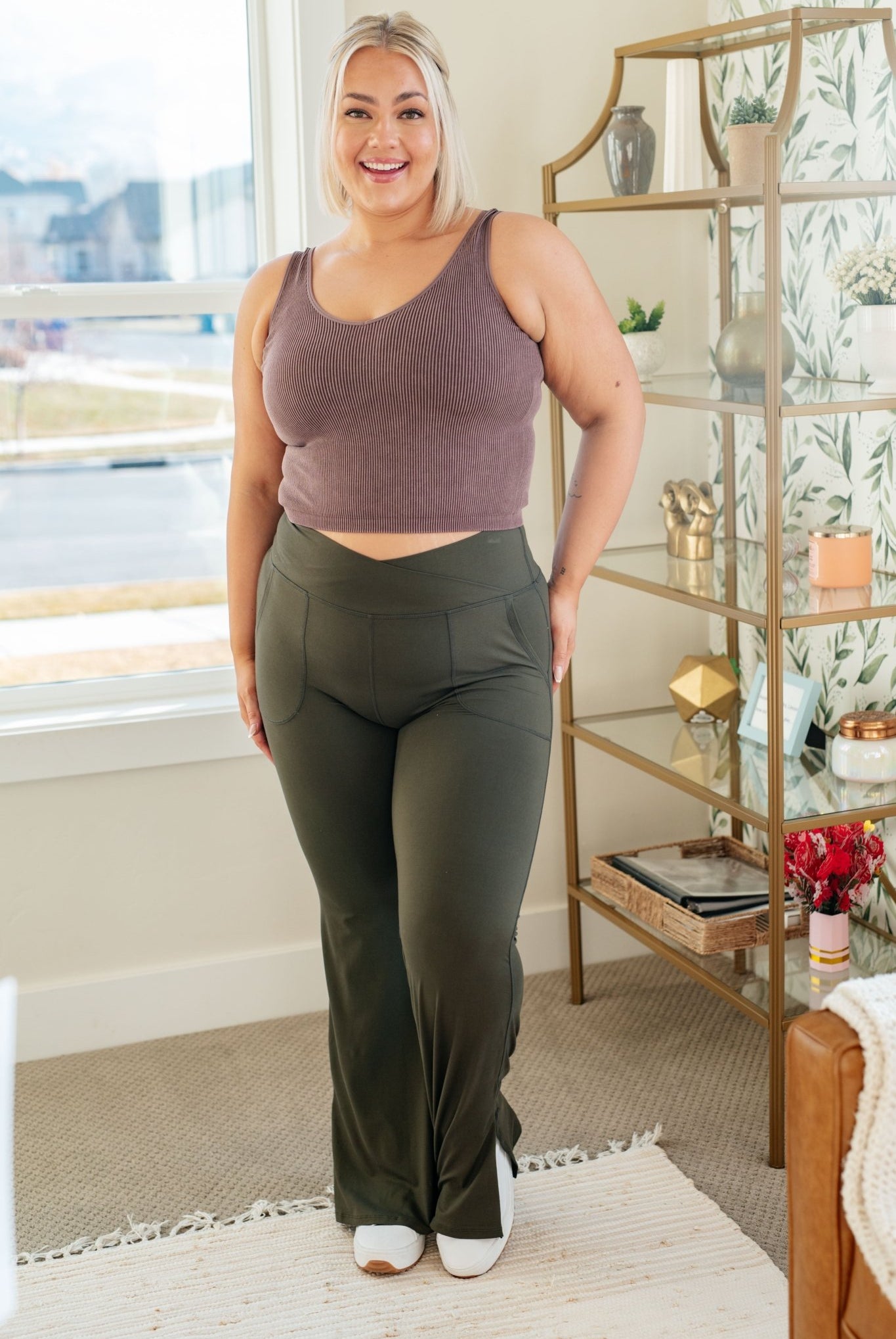 On the Move V Front Flare Leggings in Olive (Online Exclusive) - Uptown Boutique Ramona