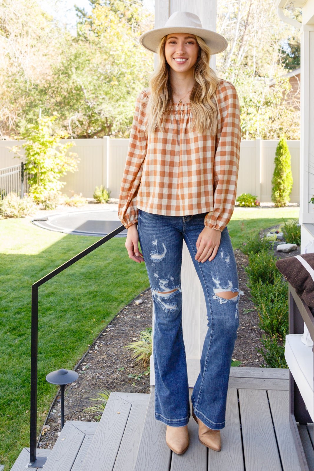 One Fine Afternoon Gingham Plaid Top In Caramel (Online Exclusive) - Uptown Boutique Ramona