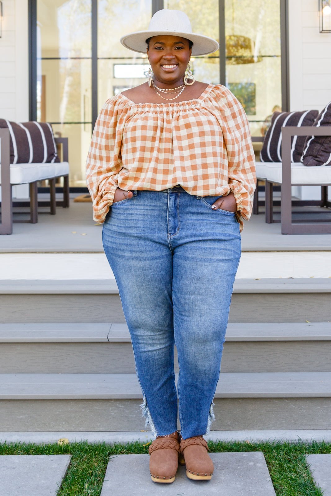 One Fine Afternoon Gingham Plaid Top In Caramel (Online Exclusive) - Uptown Boutique Ramona